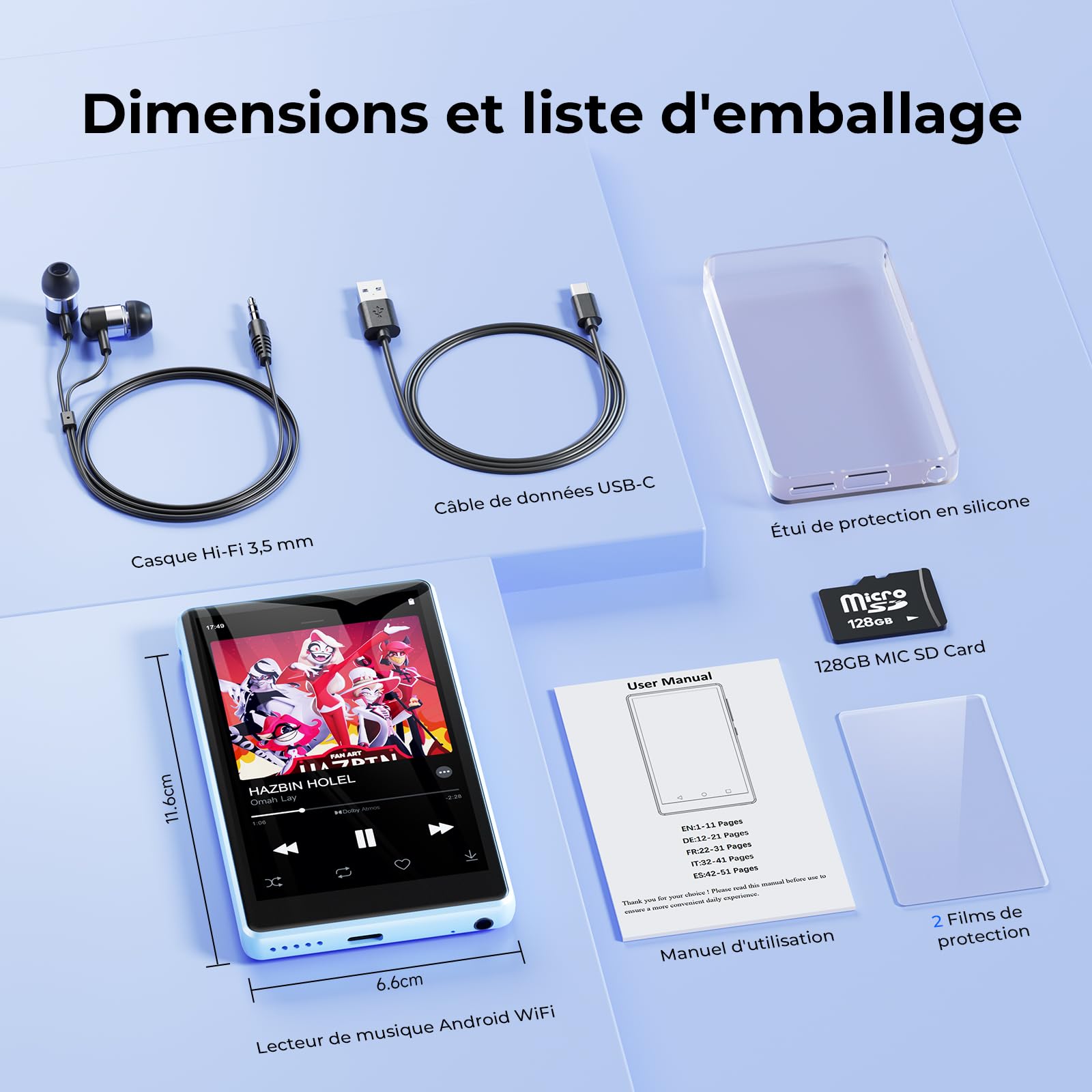 160 Go Lecteur MP3 Bluetooth et WiFi, Lecteur MP4 avec écran Tactile HD 4,5 Pouces Android Lecteur mp3 avec Spotify, Google Play,Amazon Music, Pandora, Libby,lecteurs mp3 et mp4 Enfant baladeur mp3