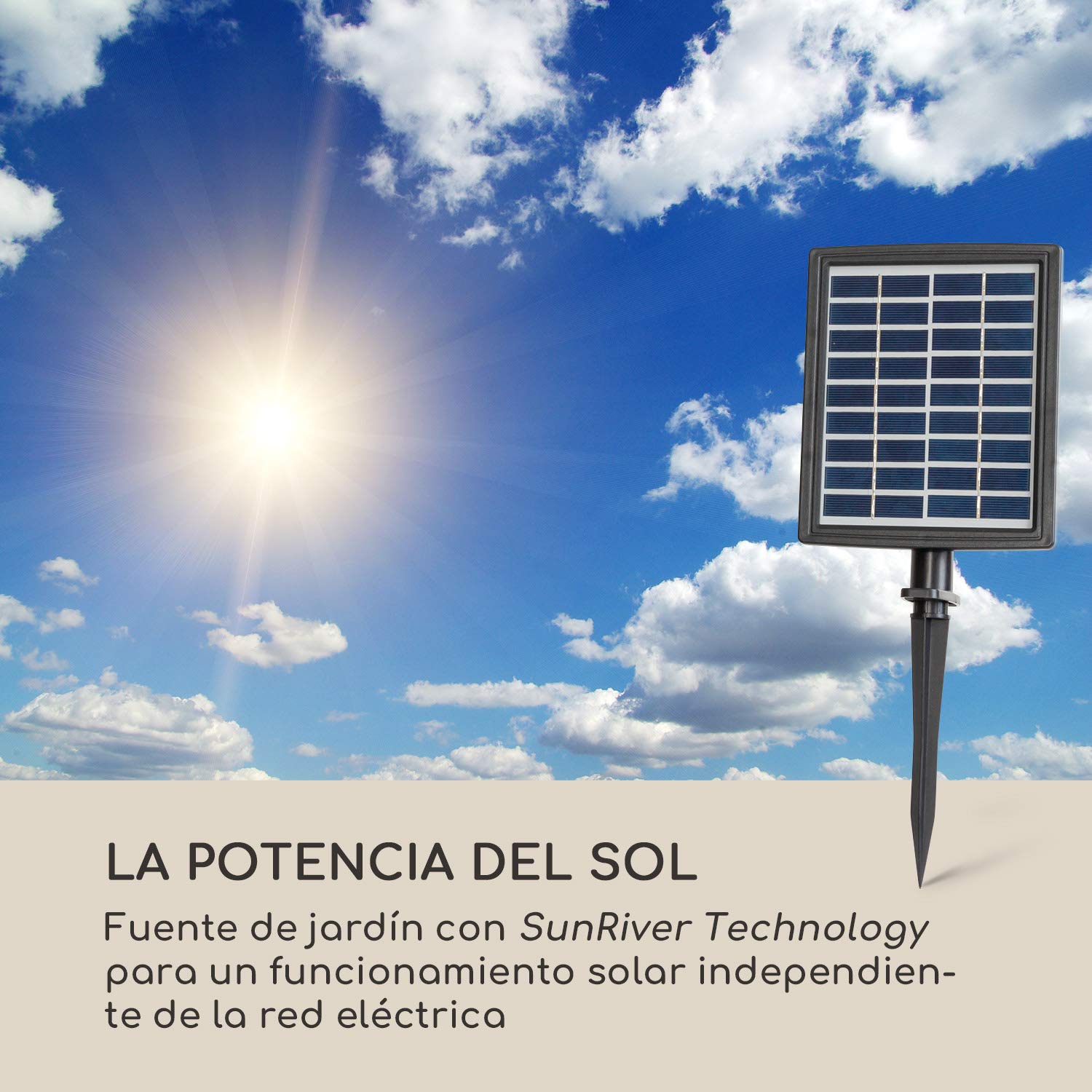 blumfeldt Mantua Fuente Solar en Cascada - Energía Solar, 2,8 Vatios, Batería de Iones de Litio, 5 Horas de Funcionamiento, Interiores/Exteriores, 4 Niveles Cascada, Iluminación LED, Poliresina