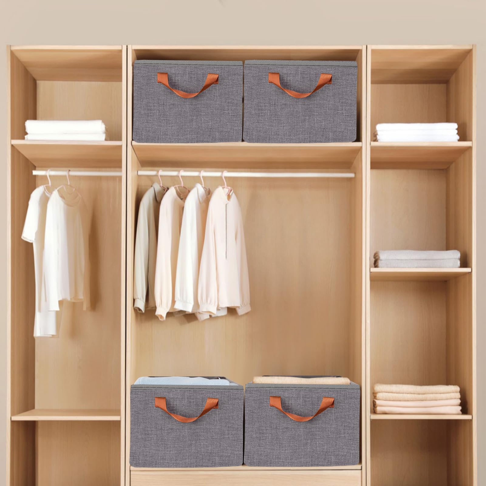 SNWDN Extra große, faltbare Aufbewahrungsbehälter für Kleidung mit Griffen, faltbare rechteckige Körbe für Schrank, Stoffbehälter, Boxen für die Organisation von Regalen, Schlafzimmer, Grau, 3 Stück