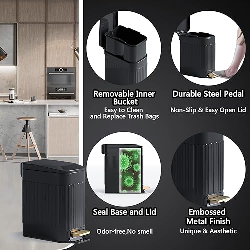Miniatura 10 de CEROELDA Cubo de basura pequeño para baño con tapa, cierre suave, 5 litros1.3 galones, papelera delgada de metal, papelera rectangular estrecha para