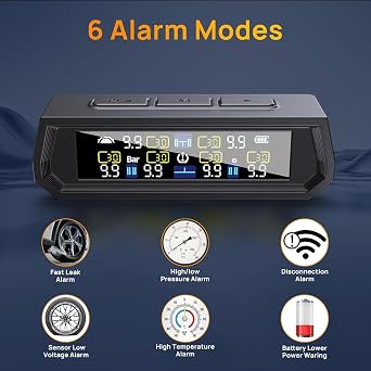 RV Tire Pressure Monitoring System,0-9.9 BAR,144 PSI Tire Pressure Monitor System with Solar Charge, TPMS with 6 Sensors&6 Alarm Modes (6 Sensor-Black)