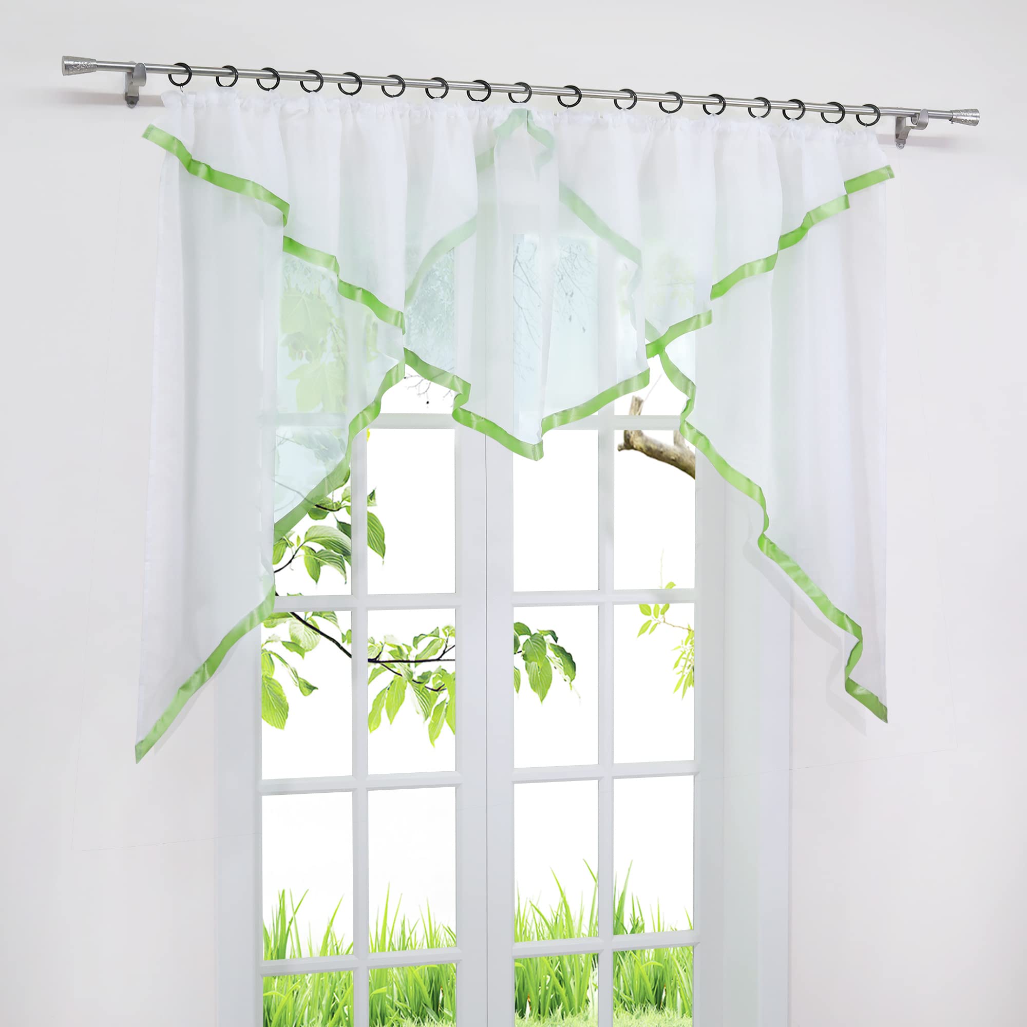 Yujiao Mao Voile Scheibengardine mit Satinband Mode kurz Gardine mit Kräuselband Transparent Grün HxB 145x450cm