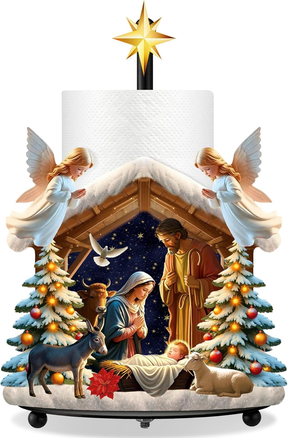 Shellwei Christmas Nativity Scene Paper Towel Holder with Round Base Christmas Christian Bathroom Decor Rustic Jesus Dispenser Kitchen Paper Holder Stand for Countertop Toilet Home Accessories