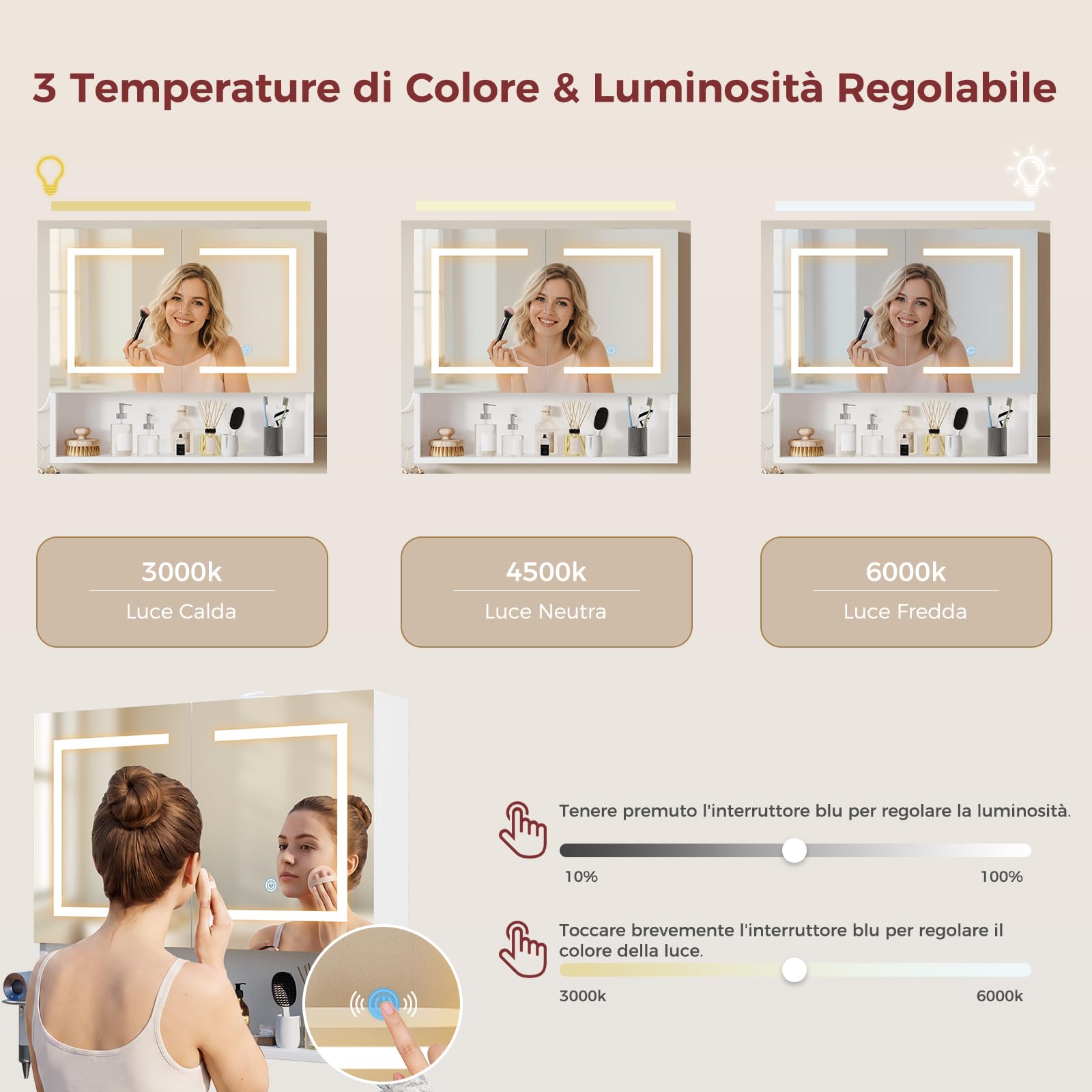 ELUCHANG Armadio da bagno con specchio e illuminazione a LED,Specchio Bagno Contenitore, ripiani regolabili,Porta Asciugacapelli e Asciugamani, Mobile Bagno con Specchio a Due Ante,60X14X60CM,Bianco