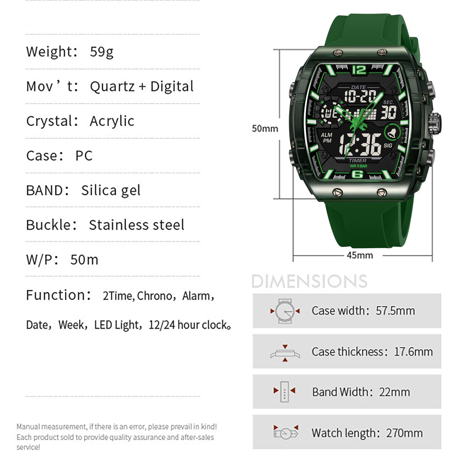 Tonneau - Reloj de pulsera para hombre, diseño elegante, con alarma, LED, hora dual, calendario de 12/24 horas, colorido