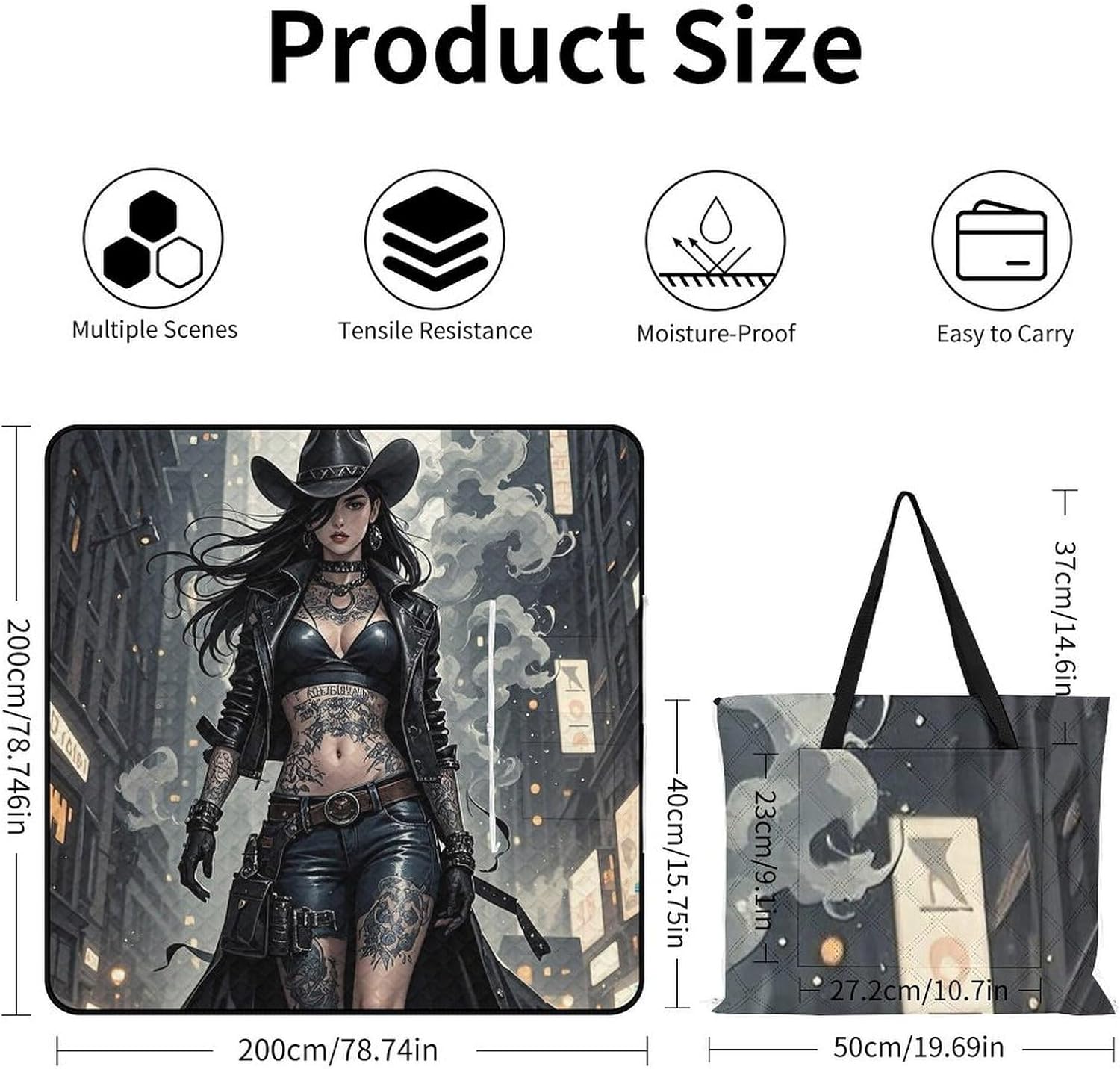 Cute Tattooed Cowboy Girl Picnic Blanket 200x200cm, Foldable 2-in-1 Picnic Mat and Tote Bag Portable Waterproof Beach Mat Sandproof Outdoor Blanket for Park, Hiking, Beach, Camping, Travel