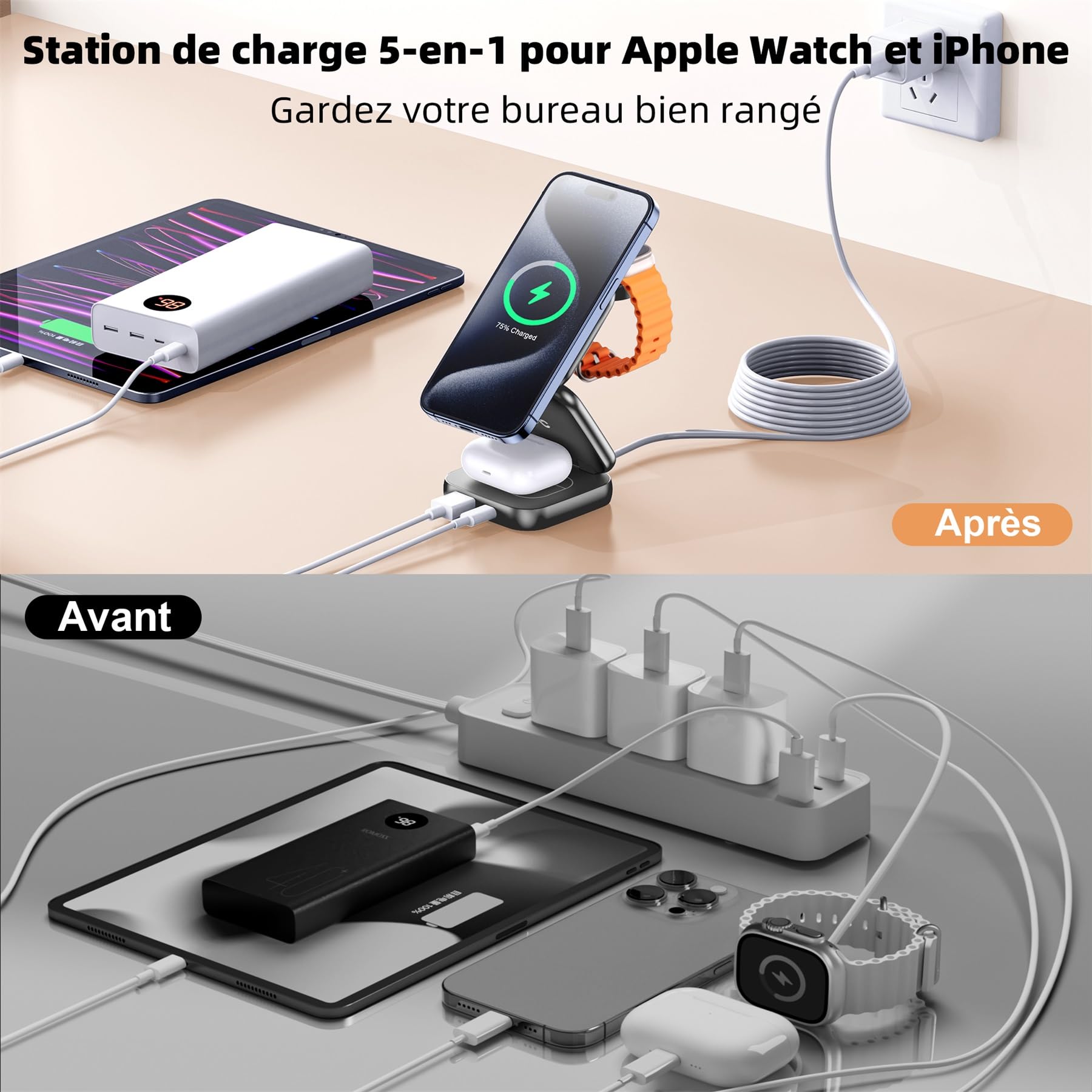 AC Island Chargeur Induction iPhone Compatible avec Mag-Safe, 5 en 1 Chargeur Rapide sans Fil pour séries iPhone 17/16/15/14/13/12, Apple Watch, AirPods, Station de Chargeur Pliable (Gris)