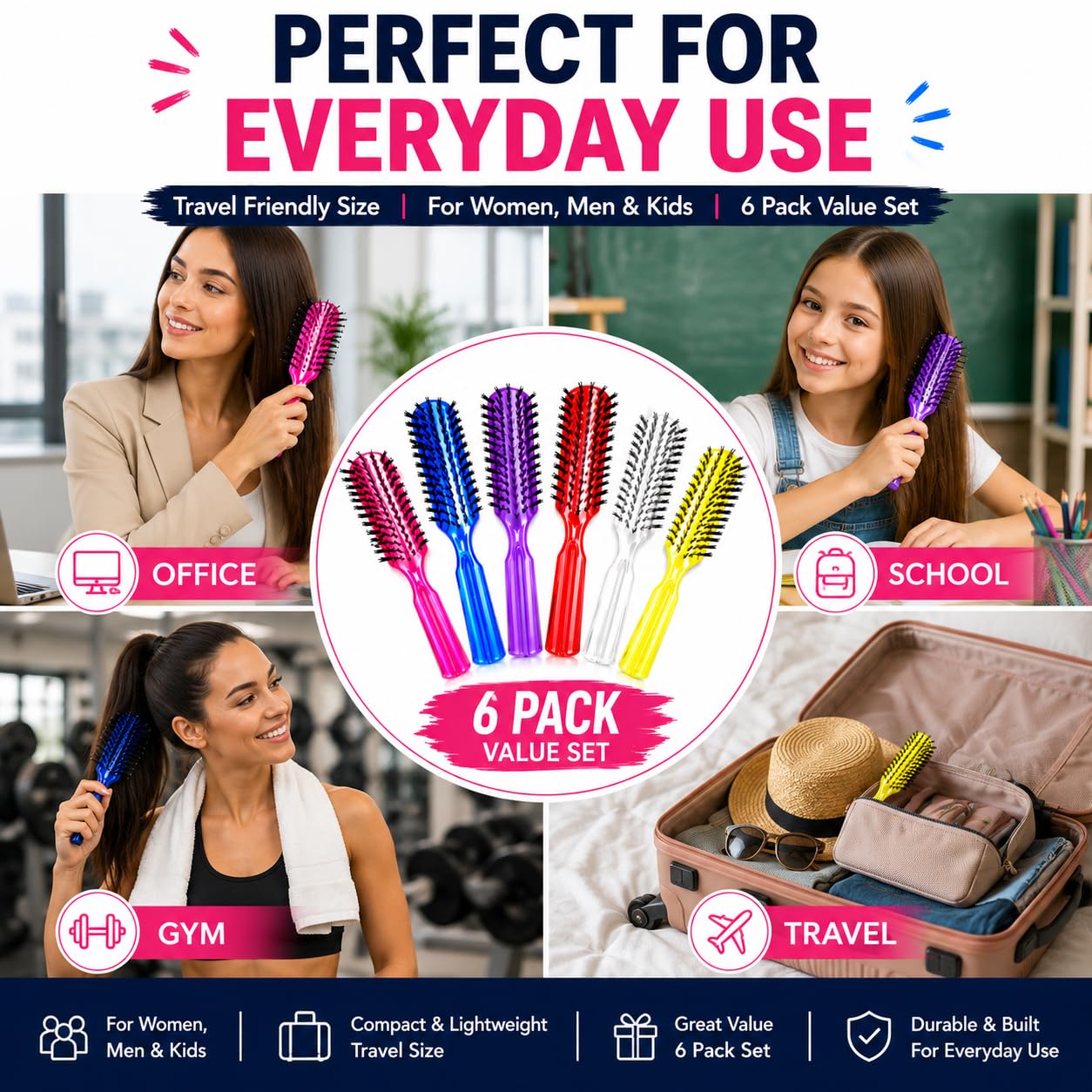 Amazon.com : LUXXII 6 Pack Pocket Bristle Hair Brush Set, 7.5 Inch
