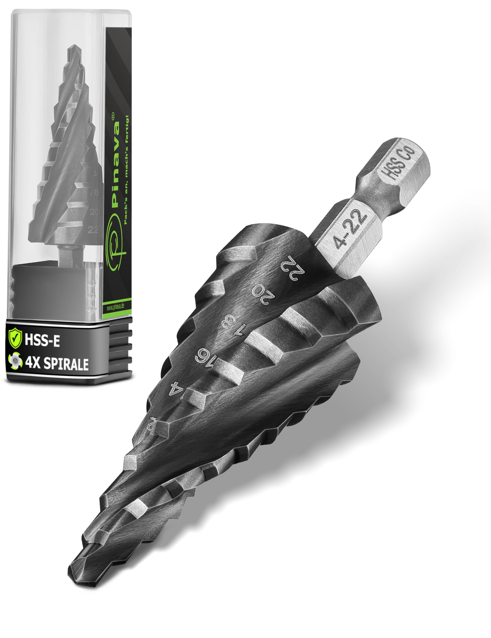 Pinava® Stufenbohrer HSS Cobalt Pro 4XSPIRAL [Schneller, Präziser, Langlebiger] Ø 4-22mm - Profi Kegelbohrer für Edelstahl, Metall, Holz, Kunststoff - Blech-Schälbohrer Extrem Scharfer Edelstahlbohrer