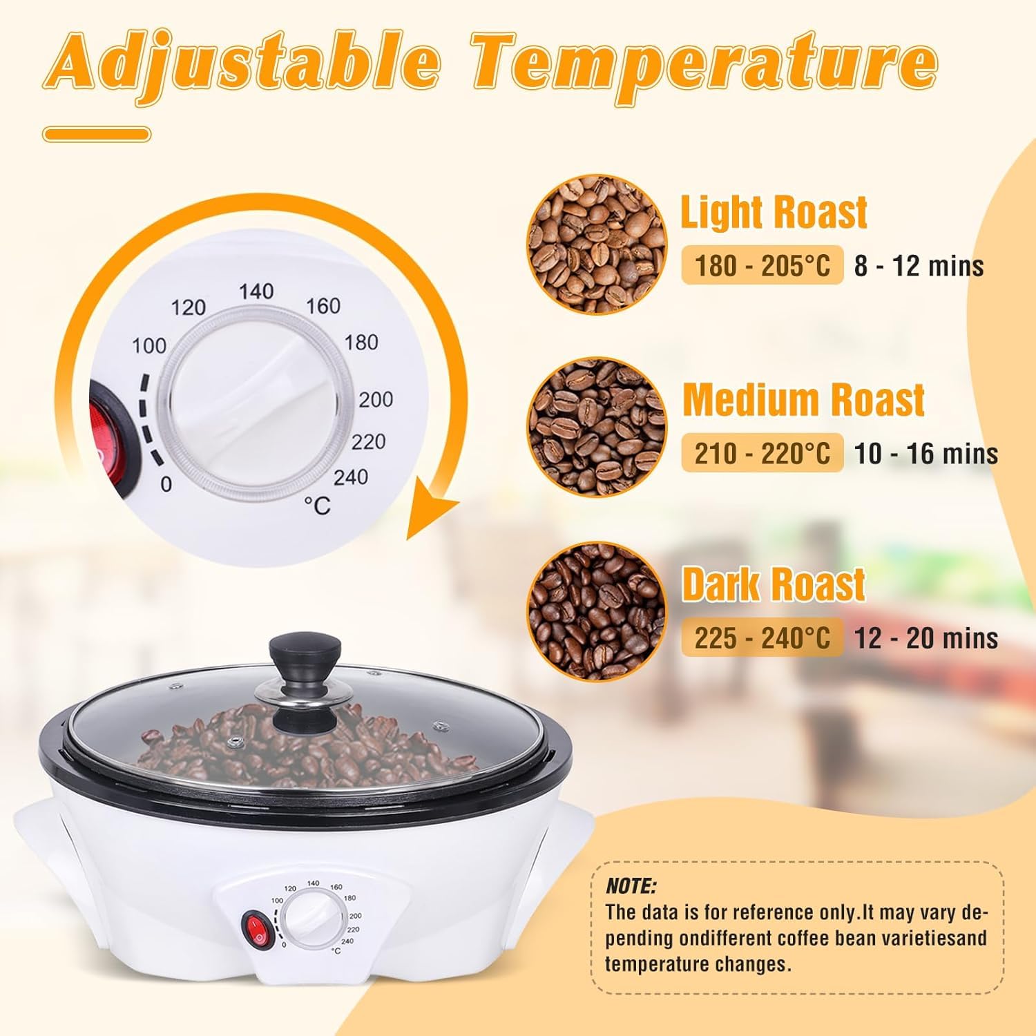 Torréfacteur à café électrique pour la maison, 1200 W, multifonctionnel, réglage de la température de 0 à 240 °C, pour arachides, graines de melon, soja, grains de café