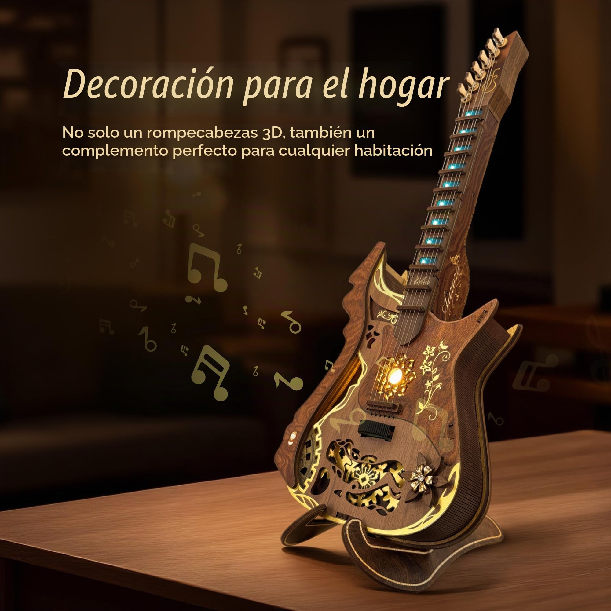 FUNPOLA Puzzle 3D de madera guitarra de acordes LED Kit – Maquetas para Construir para Adultos, modelo de guitarra acústica tocable con luces LED, puzzle musical mecánico DIY para adultos y adolescent