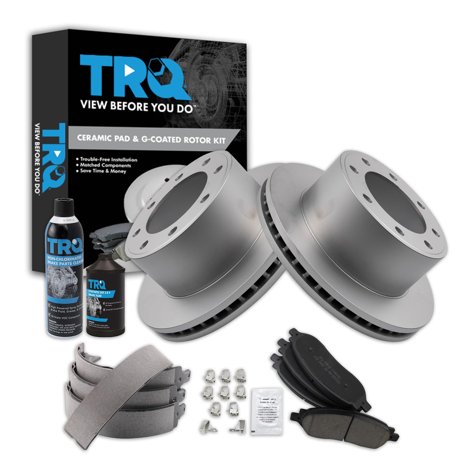 TRQ Rear Brake Pad &amp; Rotor Kit, with Chemical Kit Parking Brake Shoe Set Ceramic Premium G-Coated Compatible with 2005-2007 Ford F-250 Super Duty F-350 Super Duty
