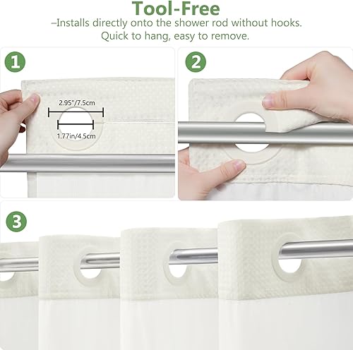 Miniatura 7 de VANZAVANZU Cortina de ducha sin ganchos con parte superior de malla y forro impermeable a presión, tejido de gofre, dobladillo de imanes pesados,