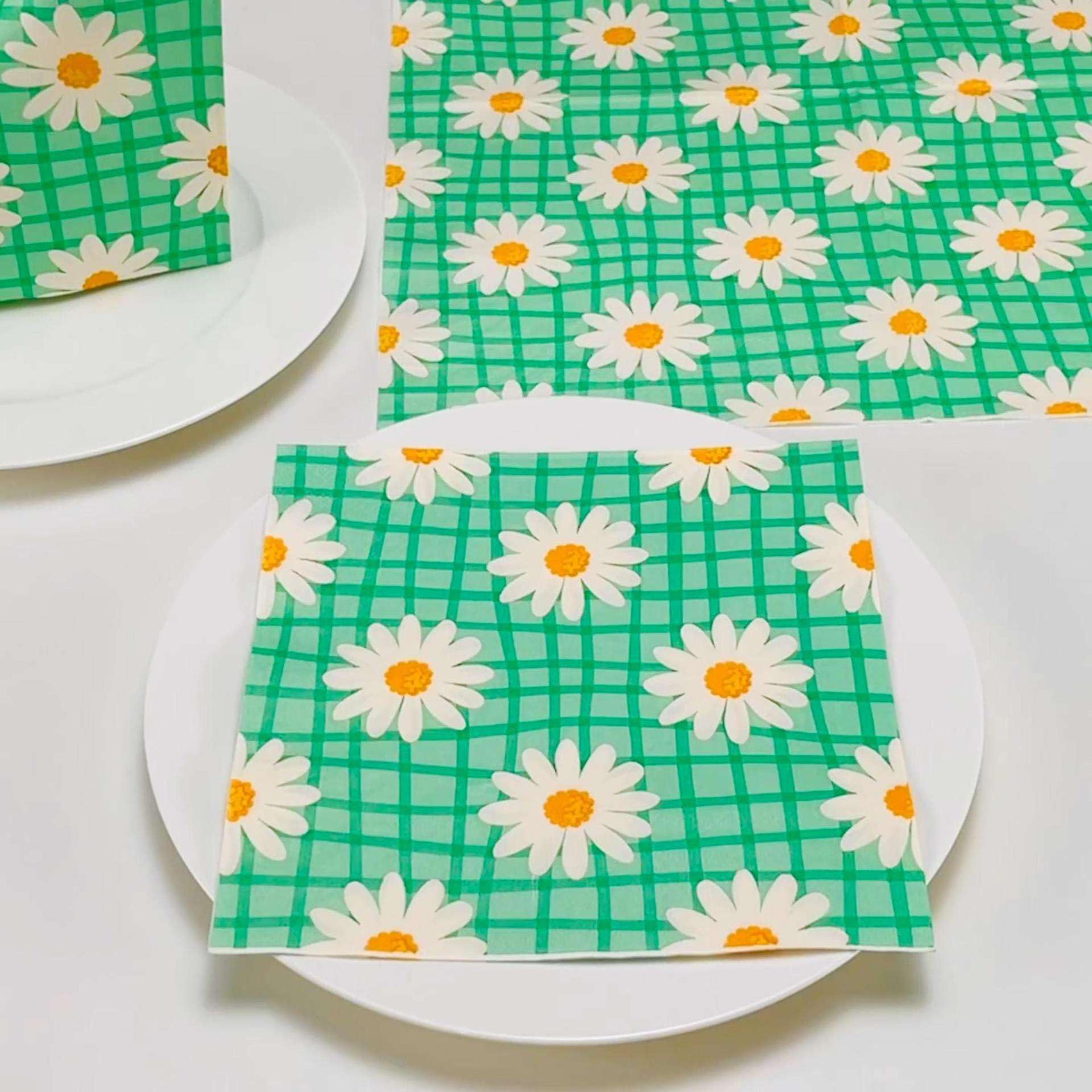 Servilletas Decoupage Geometría Margaritas Verde Servilletas Papel Decoradas Cocktail Desechables Cumpleaños 2 Capas Toilet Paper Towels Baño para Bodas,Fiesta Jardín Mesa Deco 30 Paquetes(33x33cm）