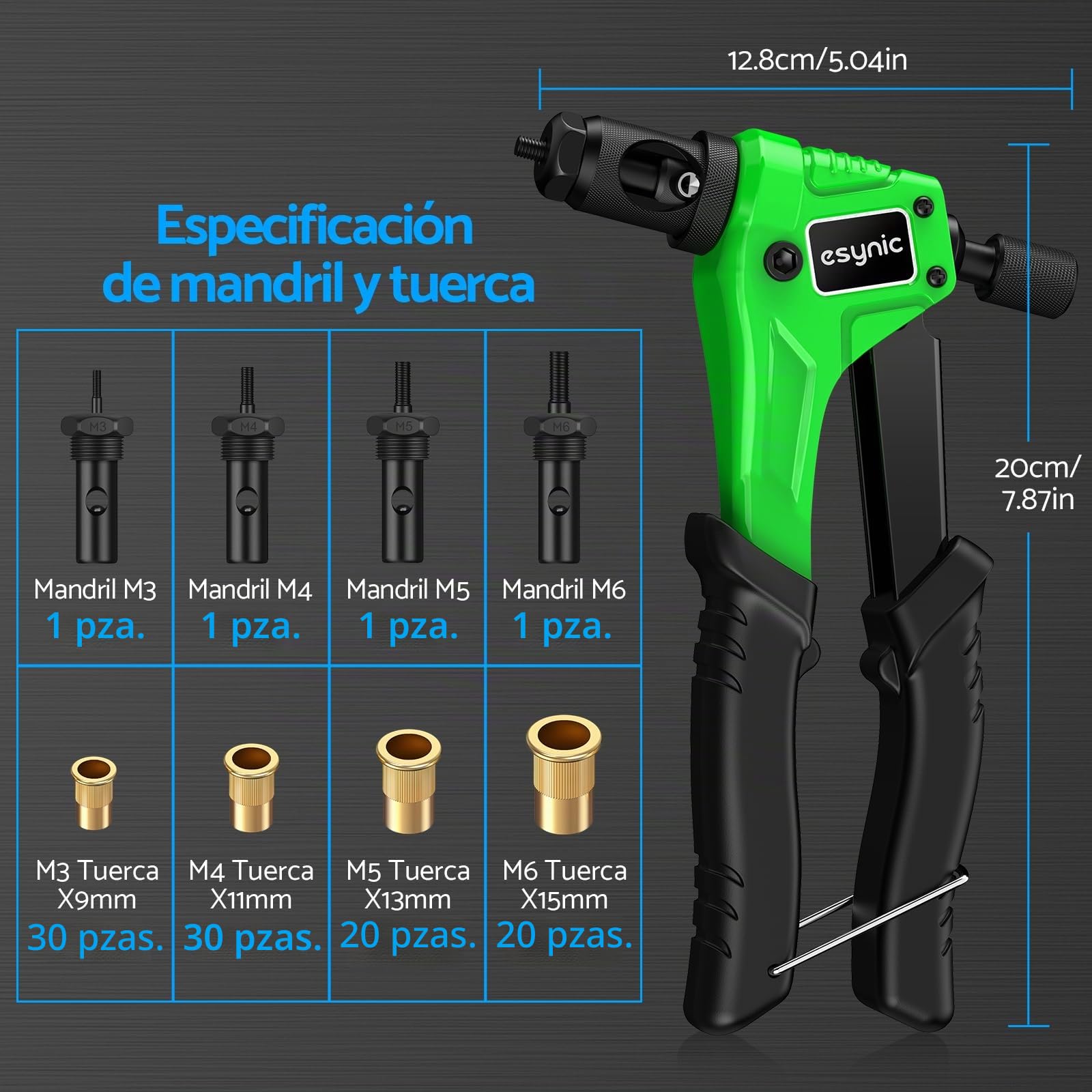 eSynic 8 "Remachadora de Tuercas, Pistola de Remachadora Manual con 100pcs de M3 M4 M5 M6 Tuercas de Remache y Un Estuche Resistente Herramienta Robusta y Ergonómica para Trabajos de Reparación