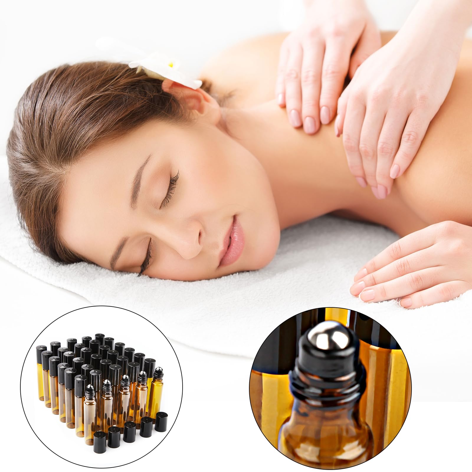 Roll on - Bottiglie di vetro per olio essenziale, 35 pezzi, colore marrone, rollon, vuote, 10 ml, per oli con rullo in acciaio inox, per oli essenziali, lozioni, profumi, massaggi
