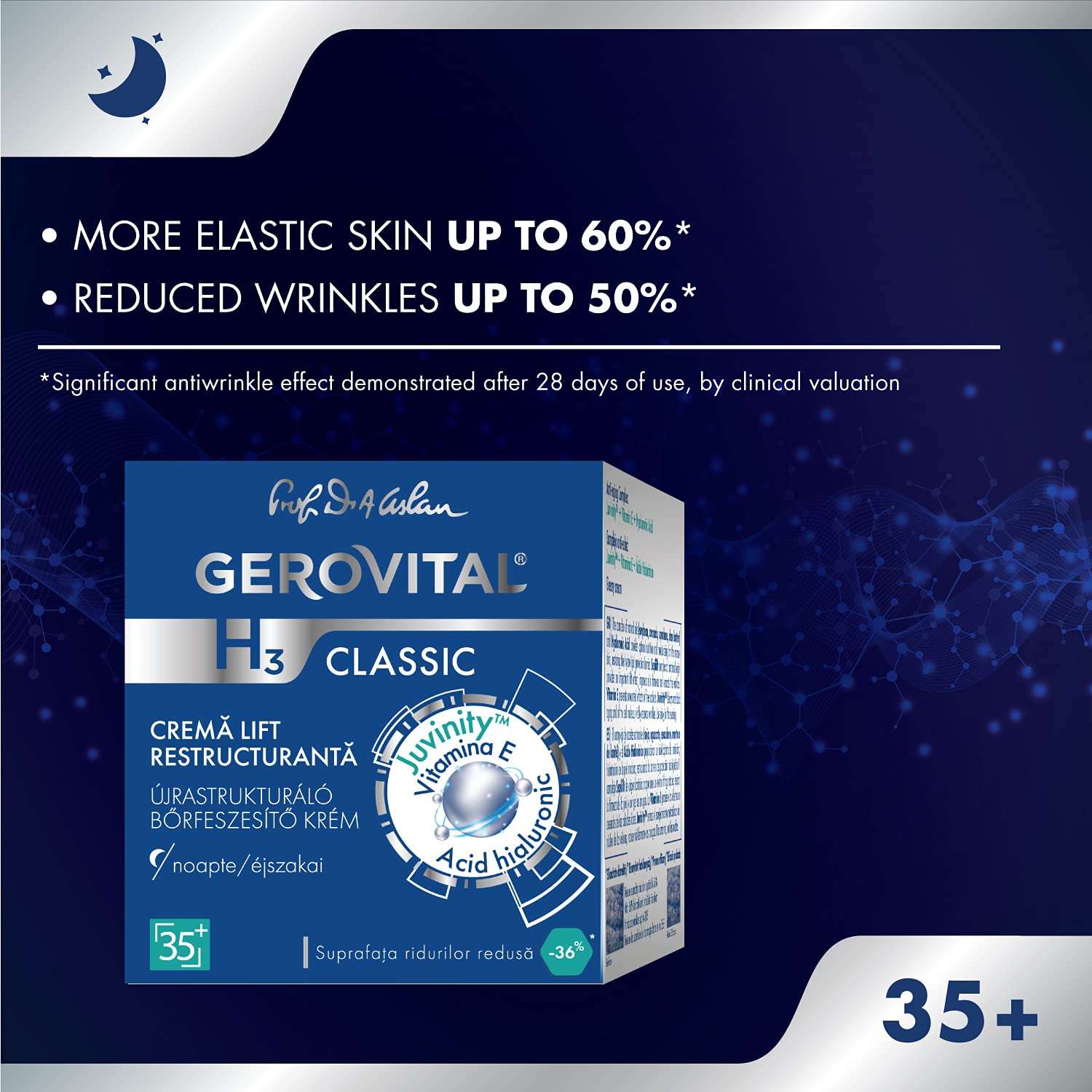 GEROVITAL CLASSIC Restructuring Lifting Cream Night Care with Hyaluronic Acid, Juvinity™, Vitamin E, Anti-wrinkle, Anti-Age Face Cream, Face Moisturizer, 50 ml - Image 4