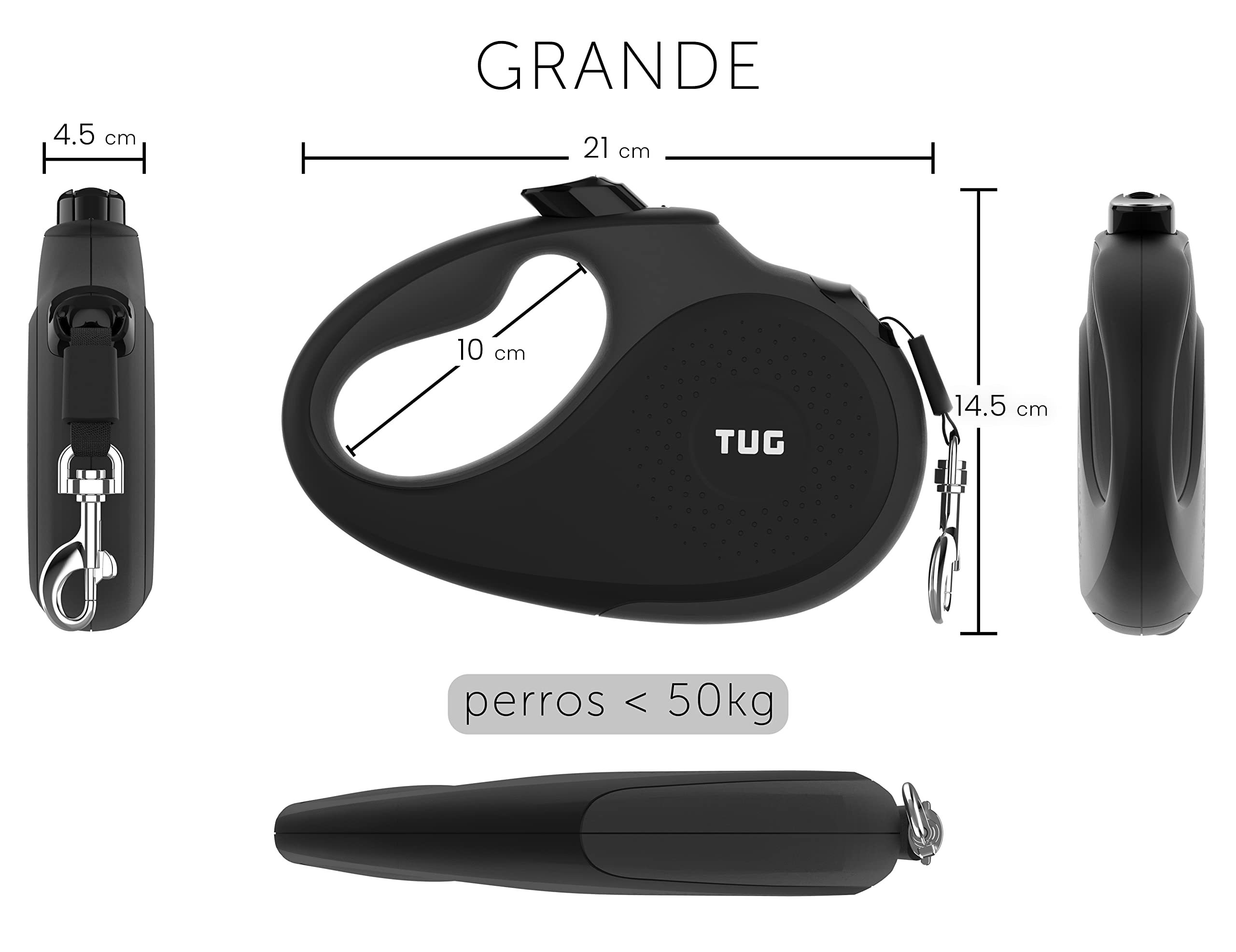 TUG 360° Sin Enredos Correa Perro Extensible | Retráctil de 5 Metros Cinta de Nailon (Grande, Negra/Gris) | Mango antideslizante, cinta de nailon resistente de 16 pies, freno con una sola mano, pausa, bloqueo