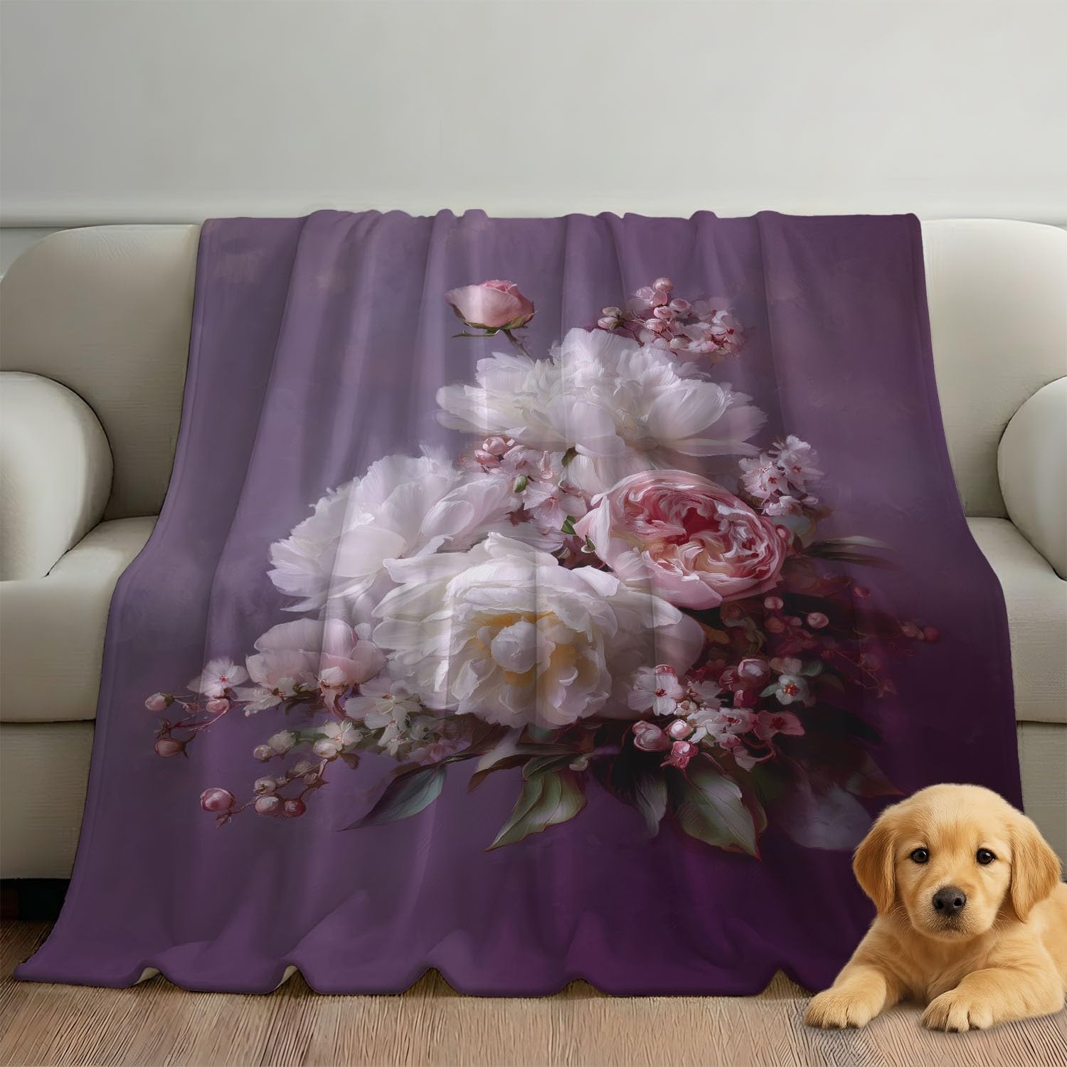 Miękki koc polarowy, przytulny, flanelowy, pluszowy, puszysty, na sofę, łóżko, kanapę lub krzesło, fioletowy, vintage, elegancki, świeże kwiaty, prezent dla dzieci