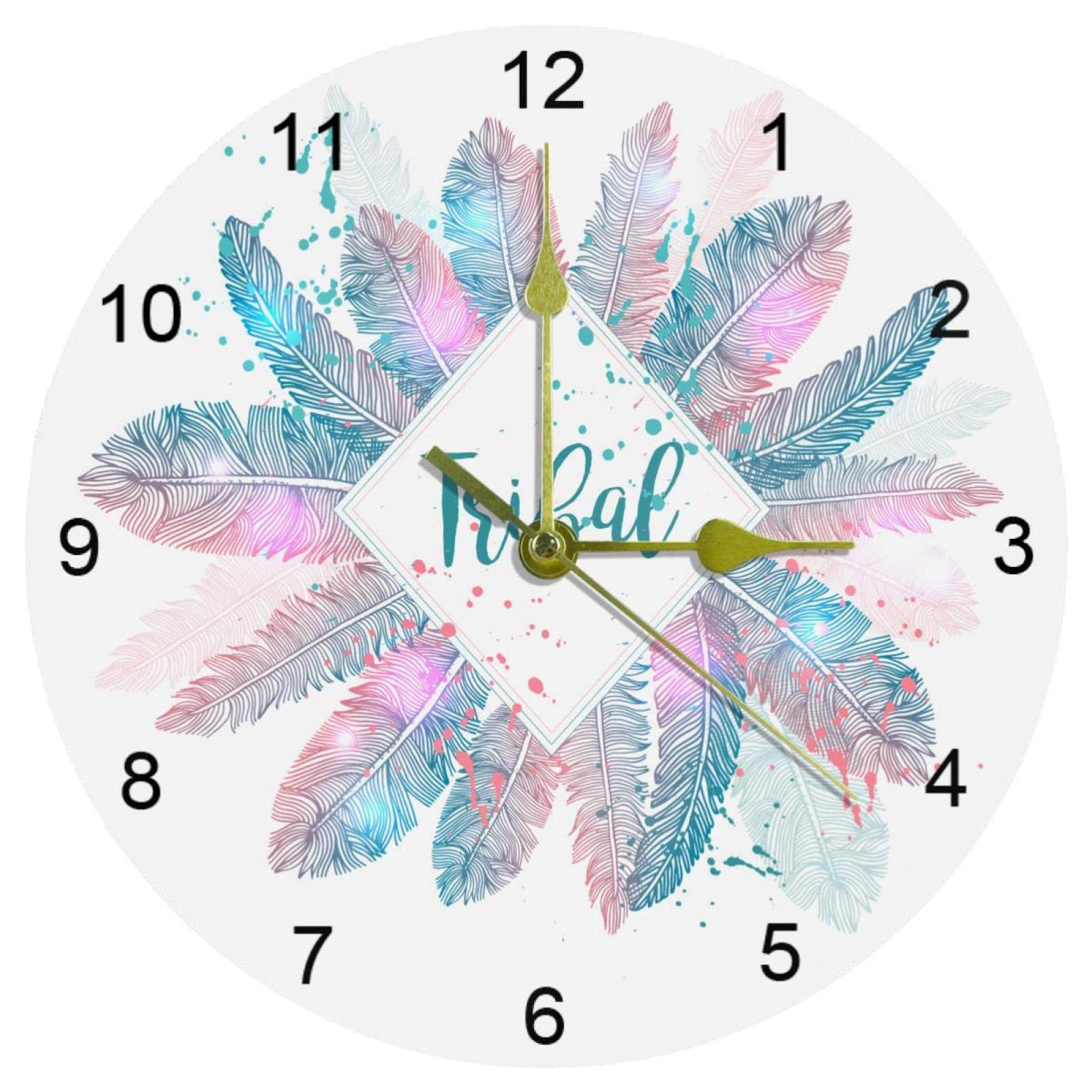 Horloge murale silencieuse sans tic-tac à plumes bohémiennes 25,4 cm pour un sommeil serein