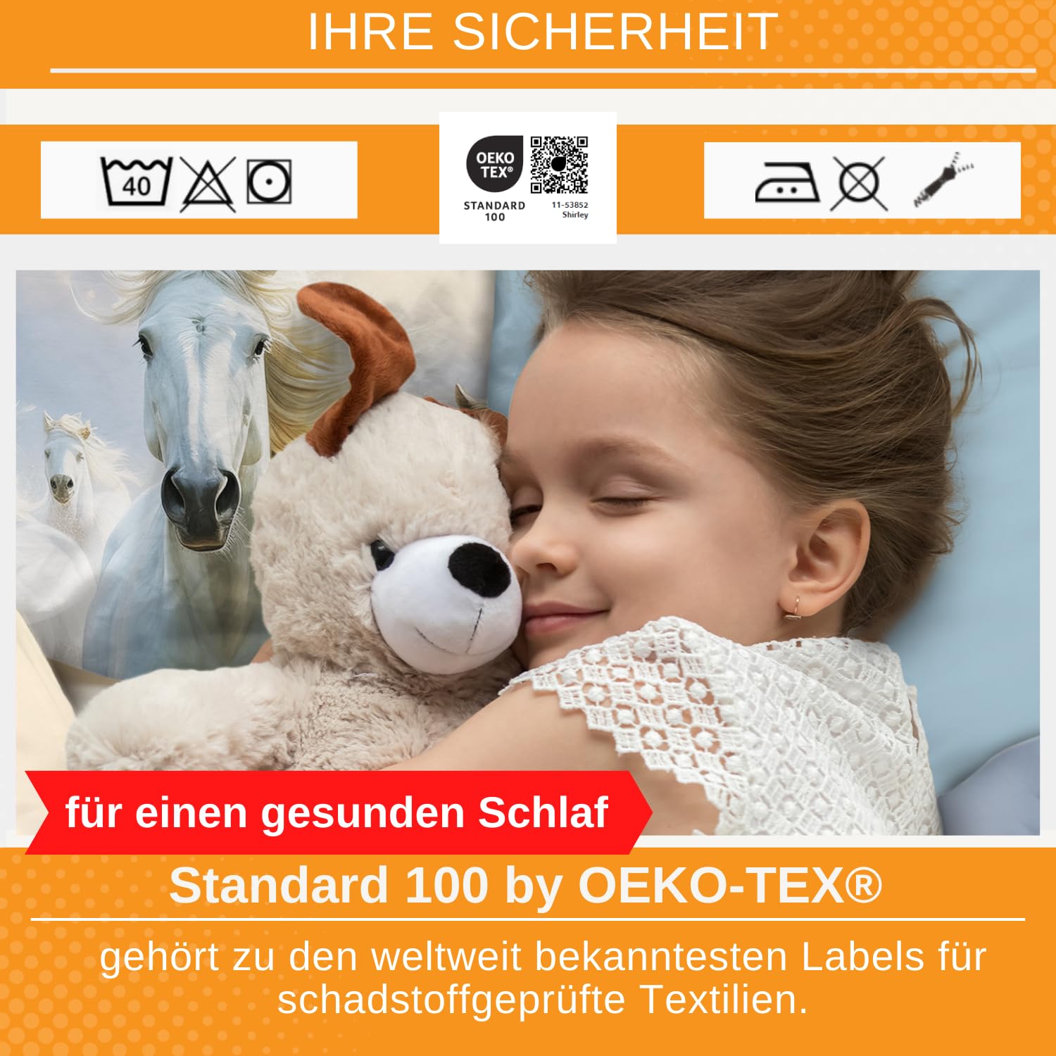 Aminata kids Bettwäsche Mädchen 135x200 Pferd - 100% Baumwolle blau weiß
