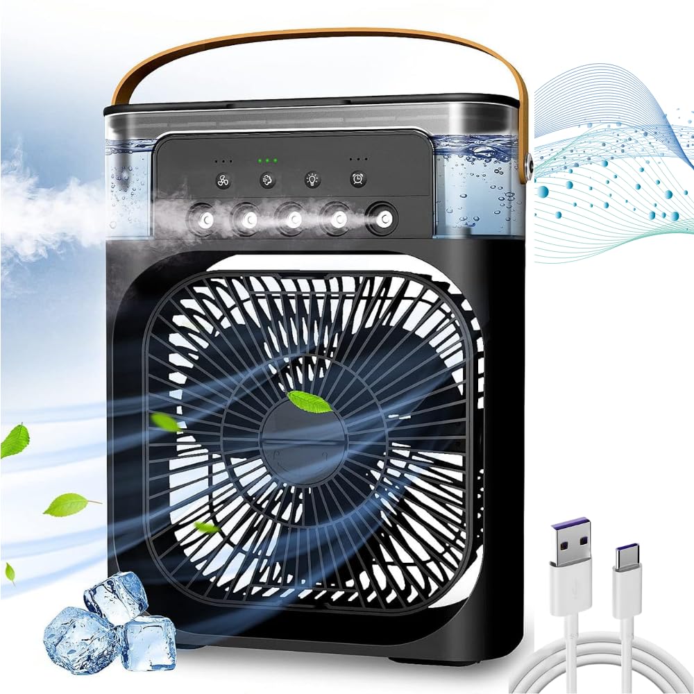 Techking (15 YEARS WARRANTY) Personal Air Cooler, Portable Air Conditioner Fan, Mini Evaporative Cooler with 7 Colors LED Light, 1/2/3 H Timer, 3 Wind Speeds and 3 Spray Modes for Your Desk- BLACK