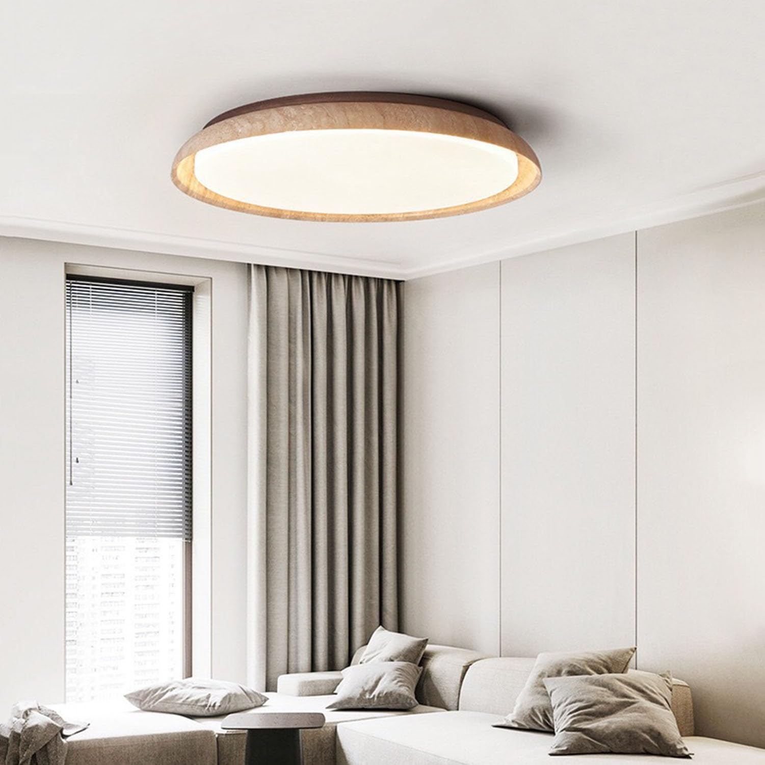 Plafón de Techo Travertino Natural – Lámpara LED de Luz Cálida Fija con Madera Maciza, Estilo Wabi Sabi Vintage para Salón, Dormitorio, Cocina, Luz cálida