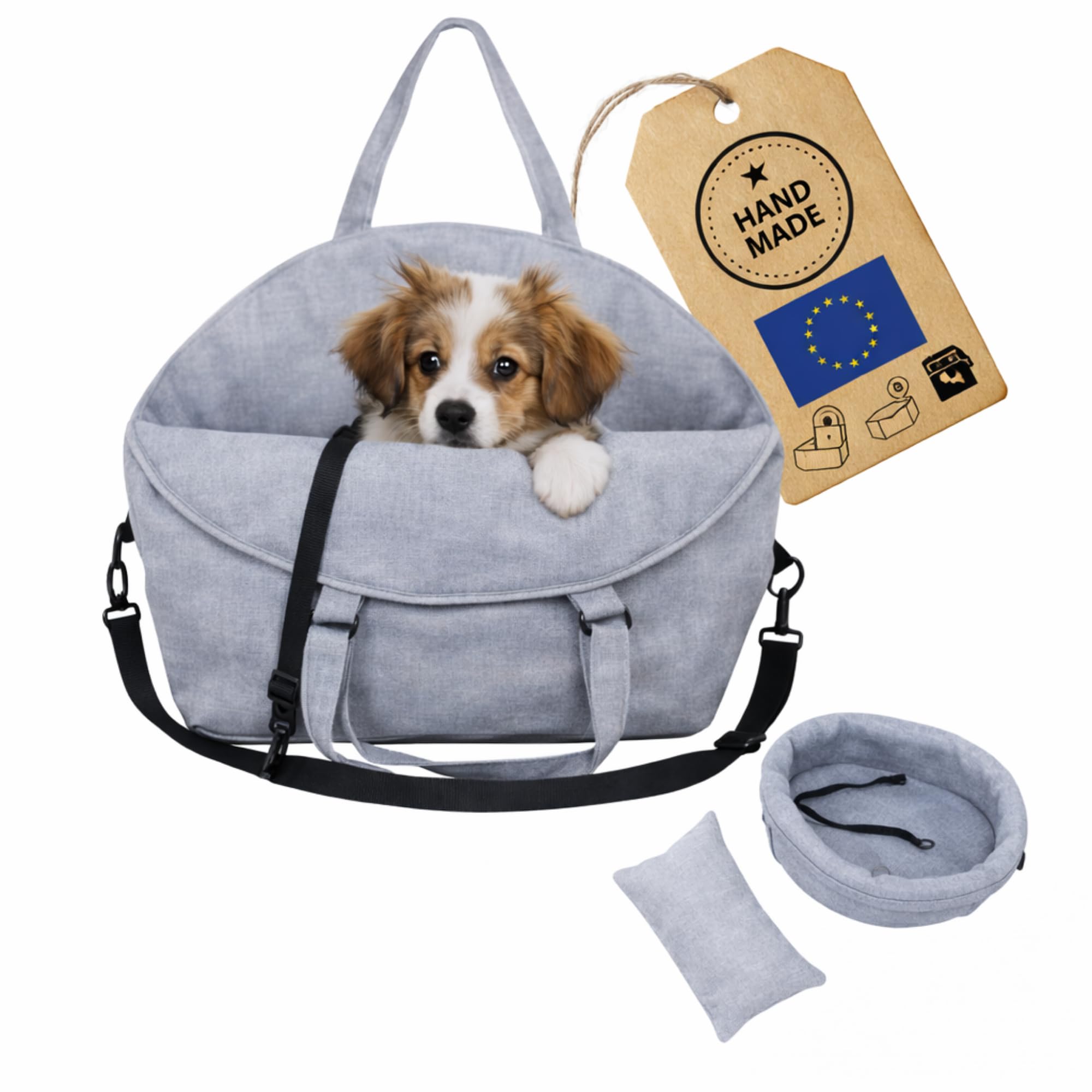 3in1 Hundetasche & Transportbox – Autositz, Reisebett & Tragetasche für kleine Hunde & Katzen – Handgefertigt in der EU – Waschbar mit Kissen (Grau)