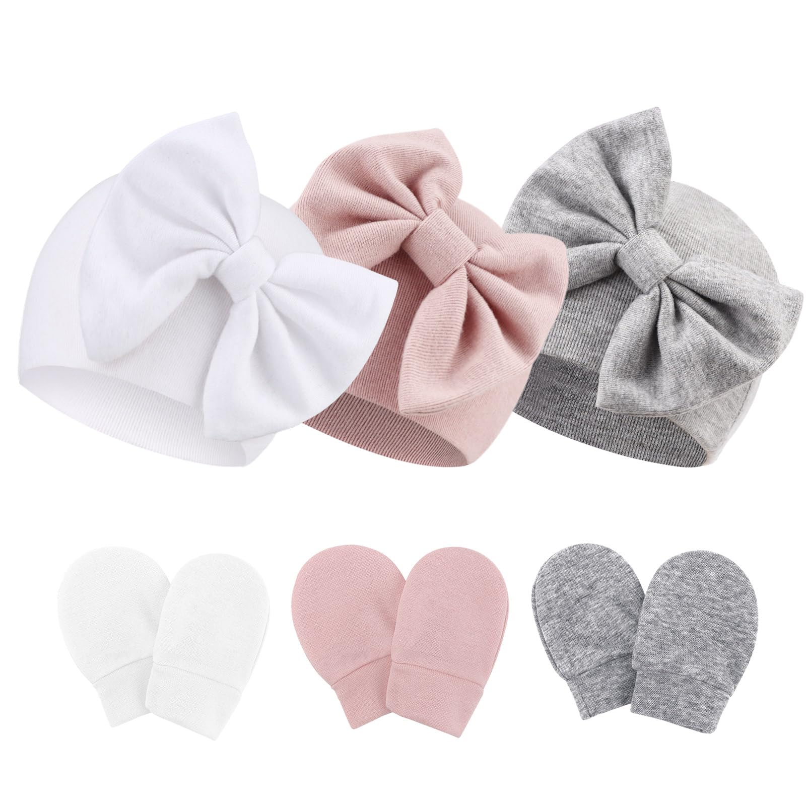 Newborn Baby Hats and Mittens Set Infant Bow Beanie Cap Toddler Gloves Newborn Hospital Hats for Baby Boy Girl Kid 0-6 Months
