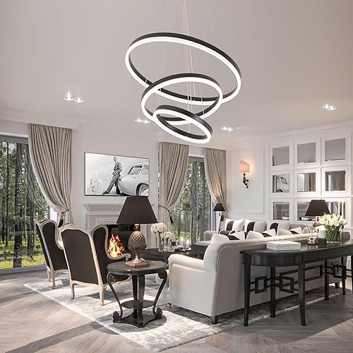 Miniatura 2 de Candelabro LED moderno, lámpara colgante de 3 anillos negra, lámpara colgante regulable y moderna para comedor, iluminación colgante LED