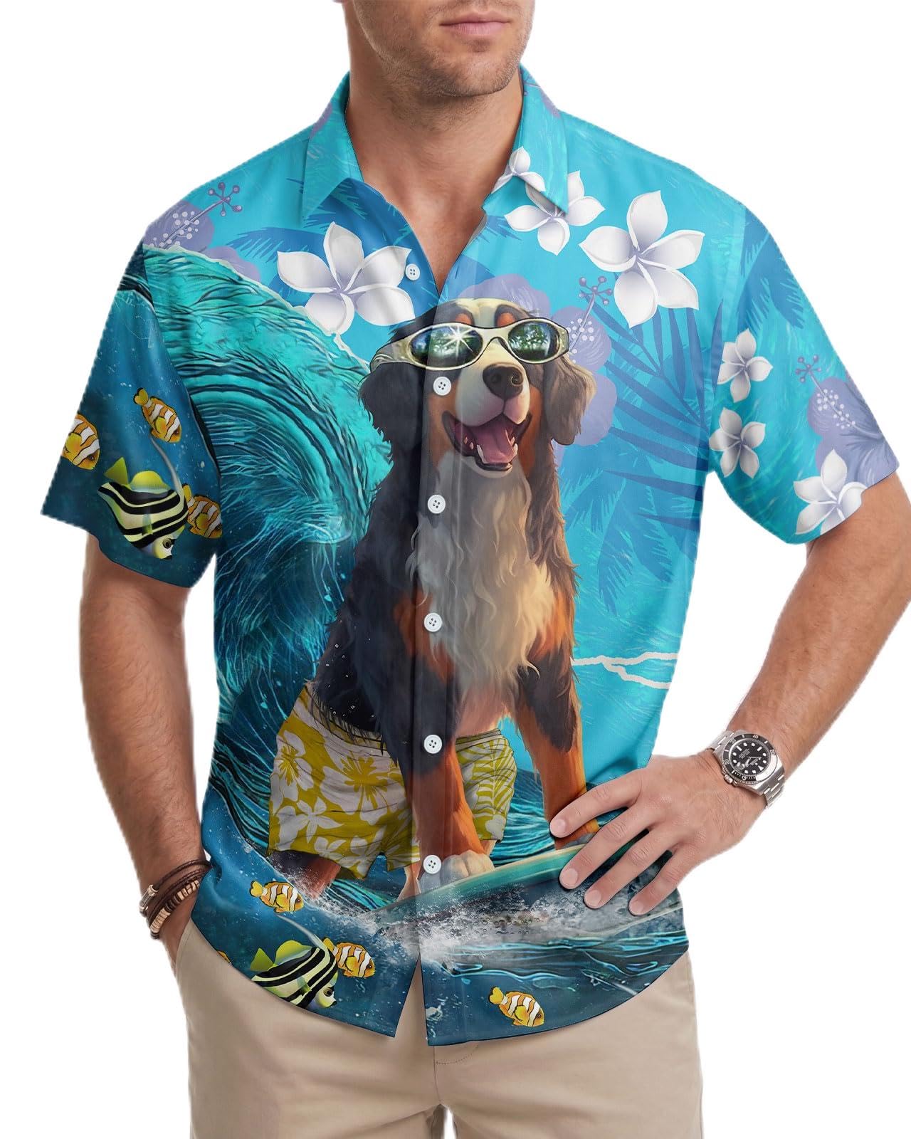 GEPOS Dog Men's Button Shirt, Tropical Dog Hawaiian Shirt for Unisex, Summer Birthday Gift for Men, Beach Men's T-Shirt, Bernese Mountain, L