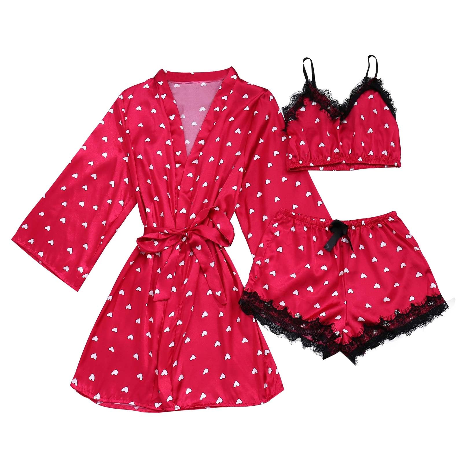 Womens Silk Satin Pajamas Set 4PCS Lingerie Floral Lace Cami Tops Sleepwear with Robe Loungewear Nightwear Lounge Sets
