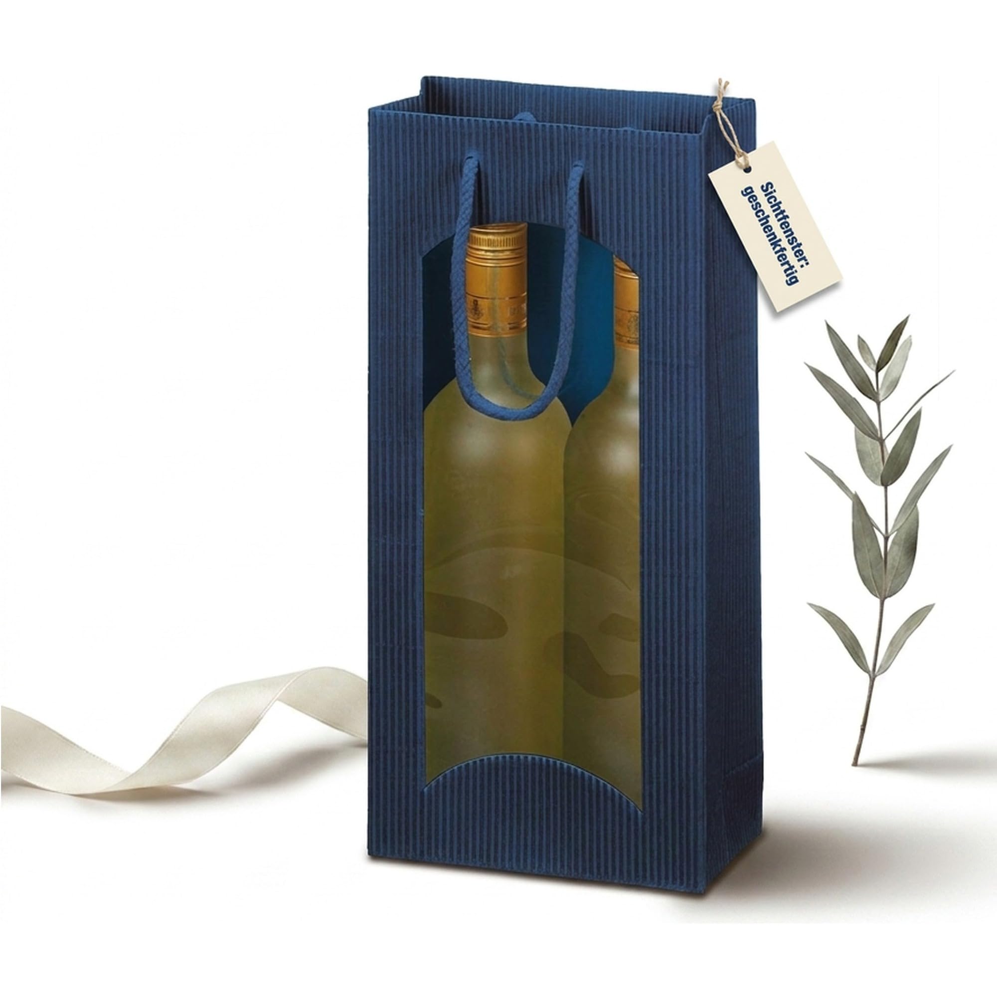KK Verpackungen Flaschentragetasche Geschenktüte 2 Flaschen | 1000 Stück, 170x85x360 mm | Wellpappe mit Sichtfenster, Blau | Weinflaschen Sektflaschen | 100% recyclebar