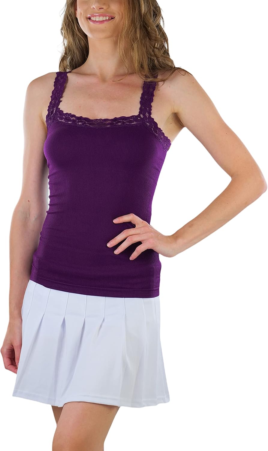 ToBeInStyle Women’s Wrinkled Seamless Camisole Top w/Floral Lace Trim Straps