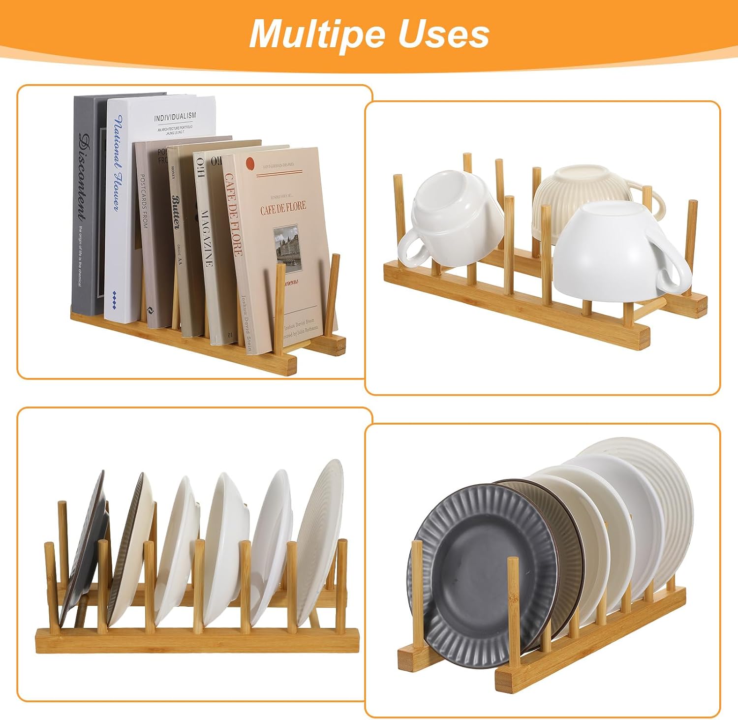 8Pcs Wooden Plate Rack plate organizer for cabinet plates holder wooden dish rack plates organizer dish organizers for cabinet for Bowl Cutting Board Cup dishes Pot Lids, Kitchen