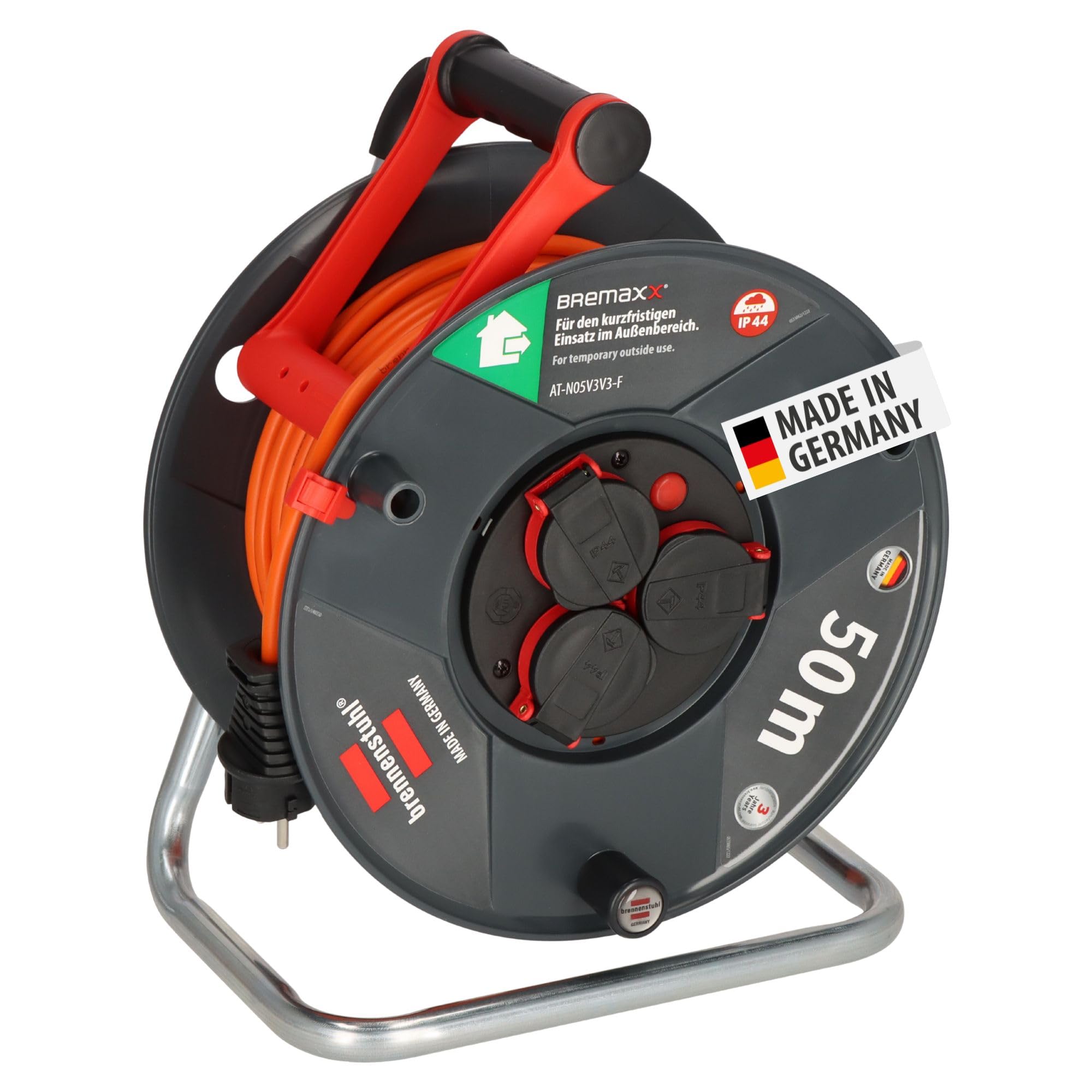 Brennenstuhl Garant V2 - Tambor para cable (IP44, 50 m, fabricado en Alemania, color naranja, uso a corto plazo en exterior), color negro