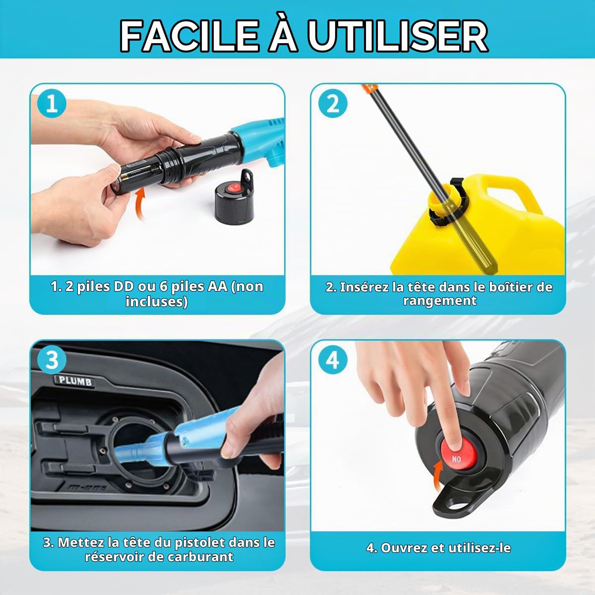 Pompe à Essence électrique à Piles, siphon, transfert de liquide, aspiration automatique, buse de régulation du débit 2,4 gallons/min, pour Essence, Diesel (Bleu)