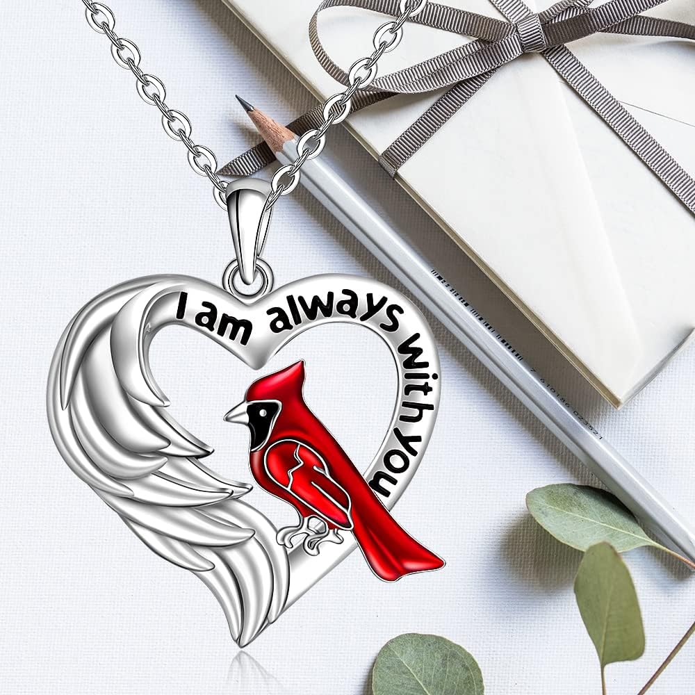 Cardinal Necklace for Women Sterling Silver Heart Angel Wings Necklace Bird Pendant i Am Always With You Cardinal Memorial Cute Animal Jewelry Gifts