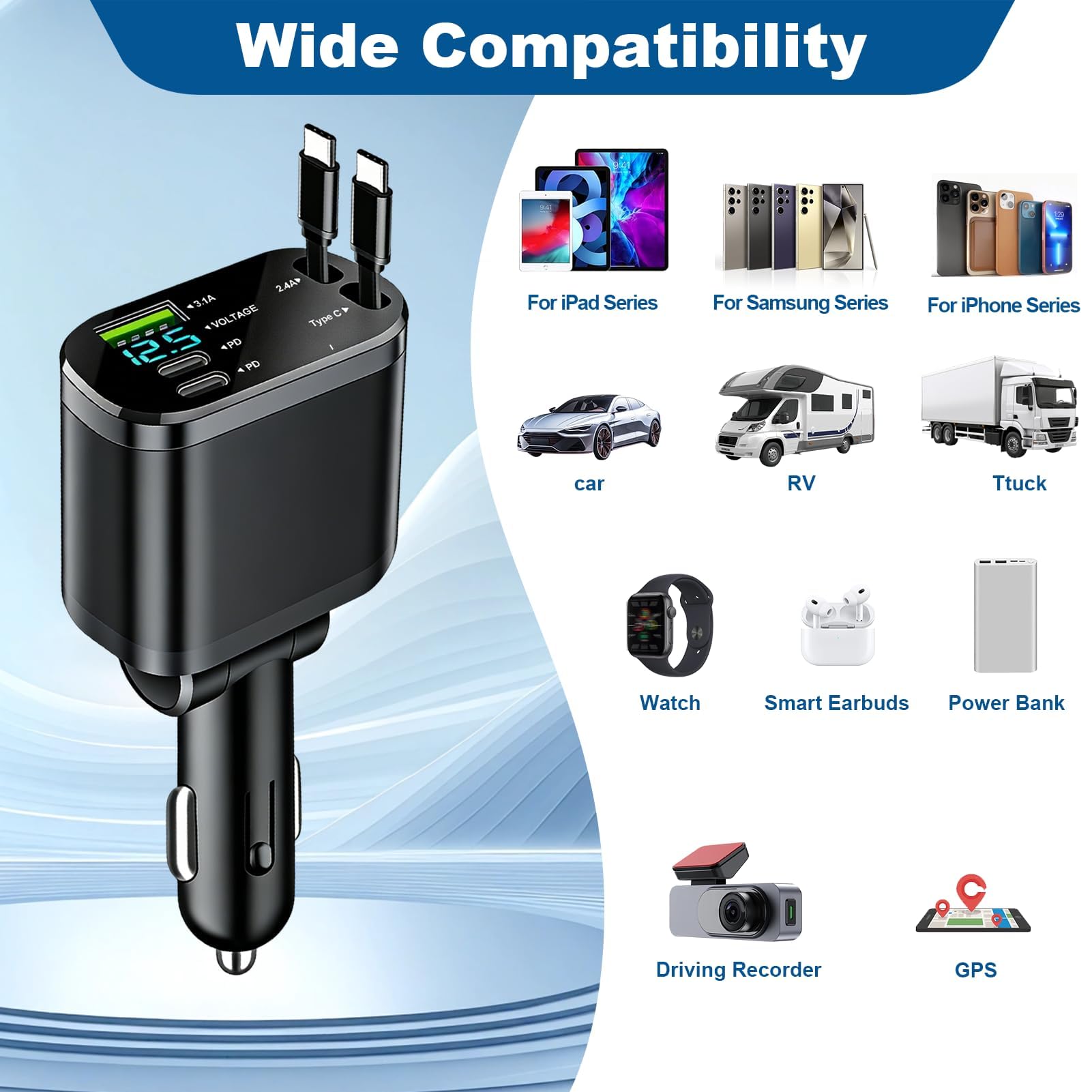 5 en 1 Cargador Coche Carga Rápida 45W Retráctil Adaptador USB Cargador Mechero QC3.0 USB-C/USB-A y Cable Retráctil Tipo C PD30W para iPhone 17 16 15 Samsung Galaxy S24 S23 S21 — view 2