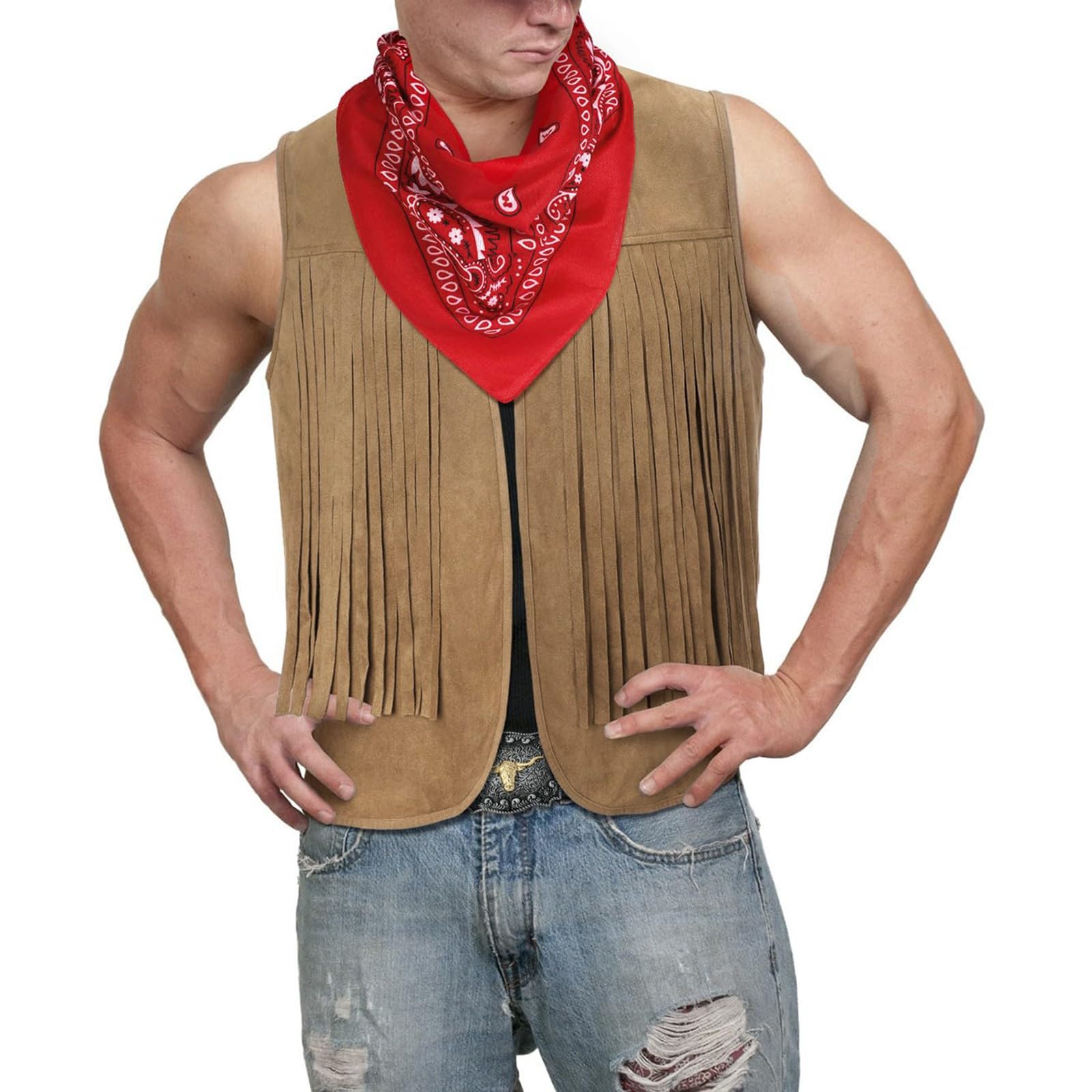 Gilet Cowboy Uomo Con Frange - Stile Western Bohémien Anni '70, Marrone - Foto 3