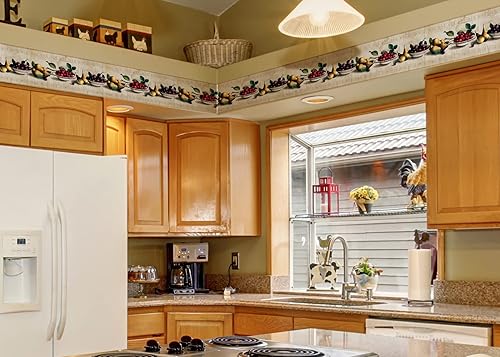 Miniatura 3 de CONCORD WALLCOVERINGS  Papel Pintado Frontera Patrón Fruta Fresas Peras Placa Para Casa De Cocina Comedor, Beige Rojo Verde, 15 pies Por 9 in RG3784B