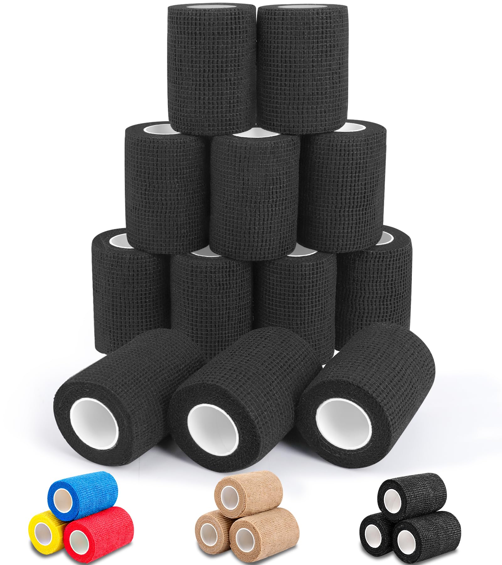 AZEN 12 Pack Black Self Adhesive Bandage Wrap, 3" X 5 Yards Elastic Cohesive Bandage Wrap, Vet Wrap, Ankle Tape, Tattoo Grip Tape Wrap