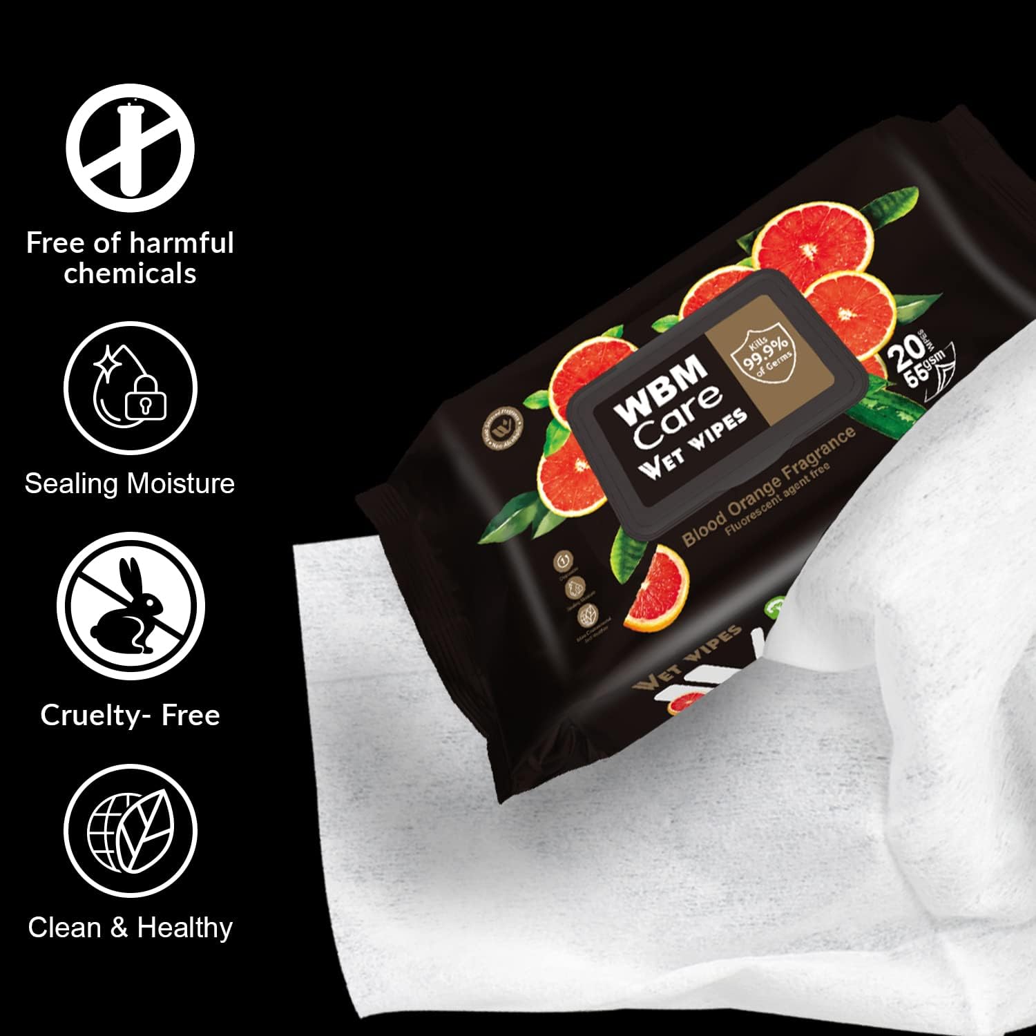 WBM Care Wet Wipes, Convenient & Blood Orange scented, Flip Top Dispenser, Thick & Strong Non-Woven Cloth, Body Wipes, 20 Sheets (Pack of 12)