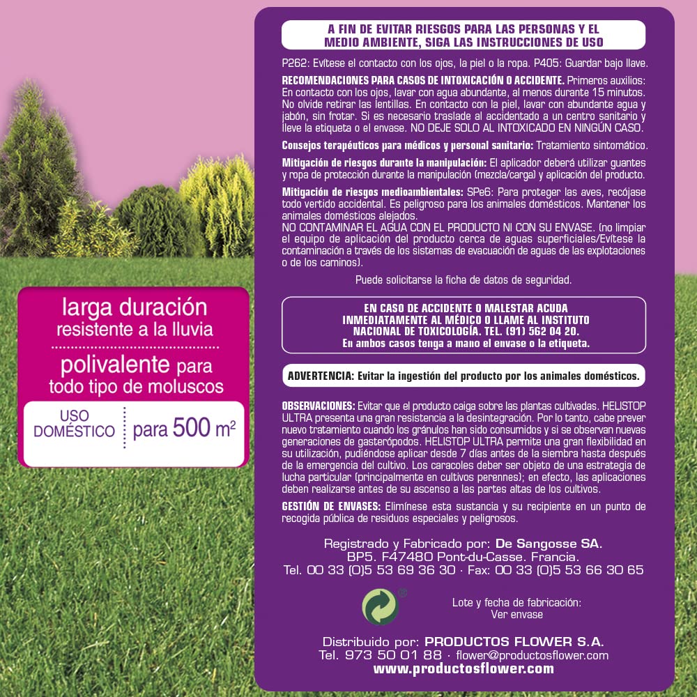 Flower – Anticaracoles y Babosas Helistop Ultra 250 g | Cebo Micro Granulado | Con Metaldehído, Resistente a la Humedad | Jardín y Huerto | Uso Doméstico