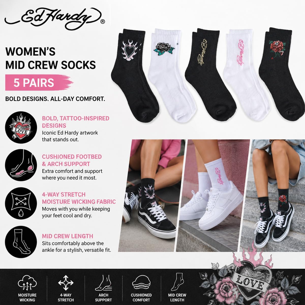 ED HARDY 5-Pairs Ladies Tattoo Print Fashion Cushion Mid Crew Socks
