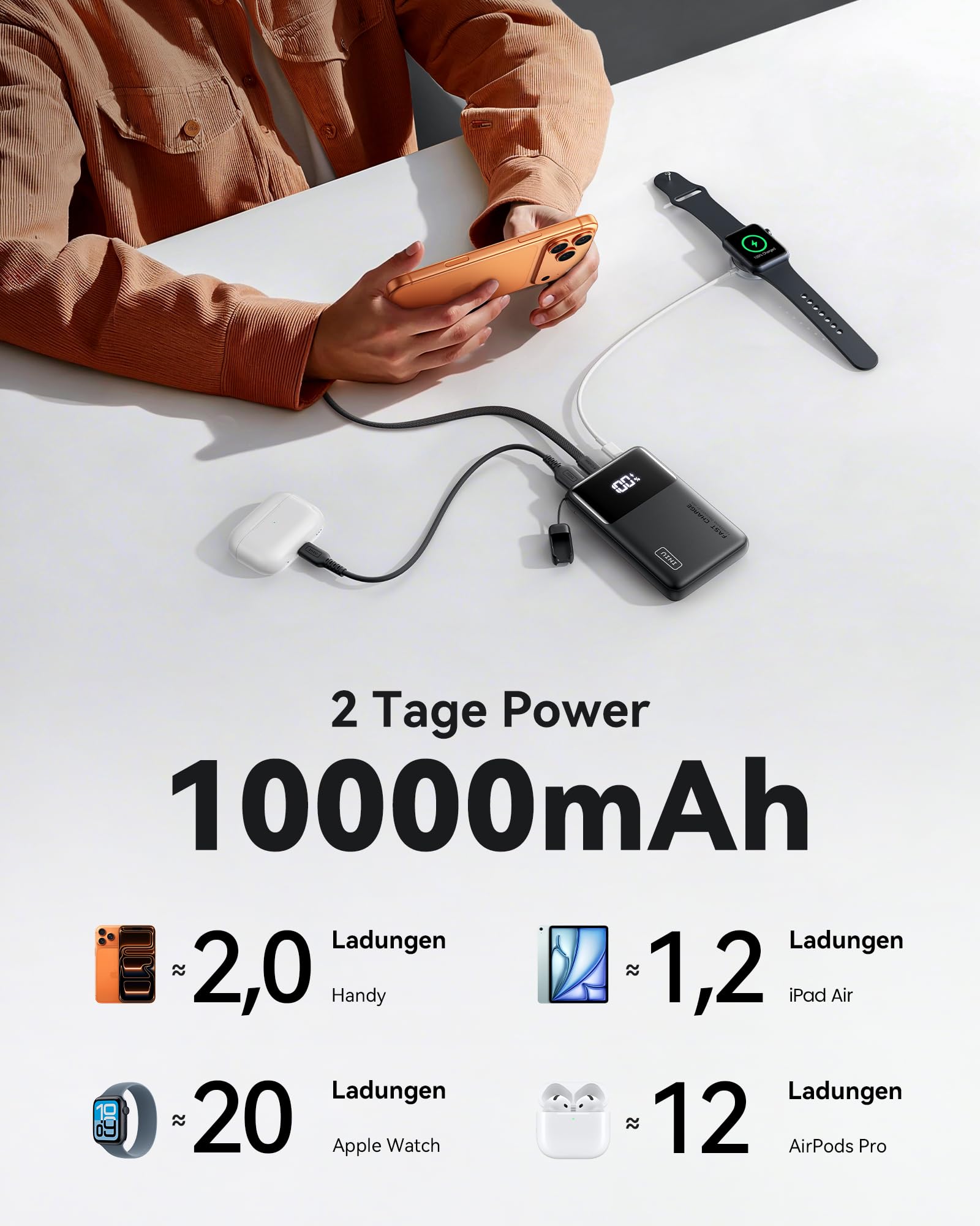 INIU Mini Power Bank, 10000mAh 45W Schnellladefunktion Powerbank mit USB C Kabel, Klein Externe Handyakkus für Reise Gadgets, Flight-Safe Ladegerät für iPhone 17 16 15 Pro Max Samsung S25 S24 etc
