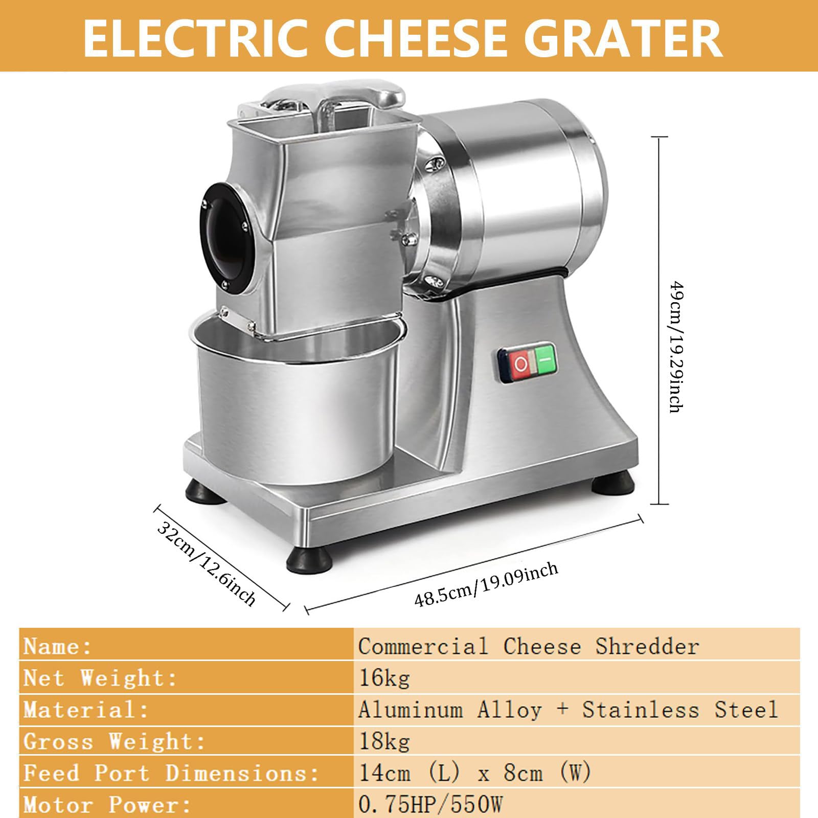 Grattugia Formaggio Elettrico, 0,75 Cv 550 W, Grattugia per Formaggio Elettrica Professionale,Grattugia per Crusca Di Pane, Macina per Burro Elettrico Rotante Da 40 Kg/Ora Con Secchio in Acciaio Inox