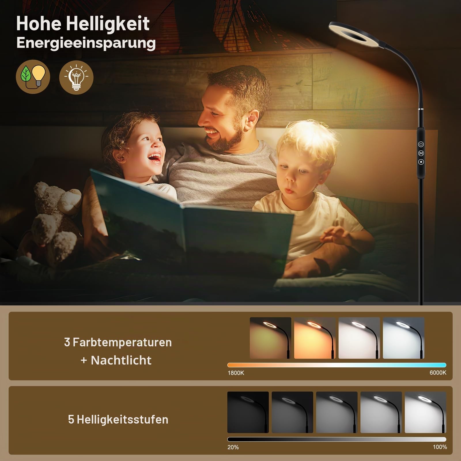 Oraymin LED Stehlampe Wohnzimmer 12W, LED Leselampe Bett mit Fernbedienung, 1H Timer & Memory Funktion, Schwanenhals 360° Verstellbar Stehlampe mit 3 Farbtemperatur, Stehlampen für Schlafzimmer Büro