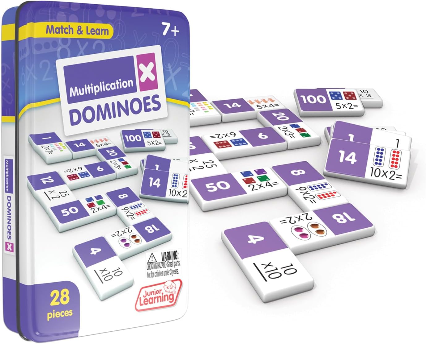 Junior Learning Multiplication Dominoes | Numeracy Match and Learn Game | 28 Pieces in a Durable Collectors Tin | 1-4 Players, Ages 7-9+, Year 3-4