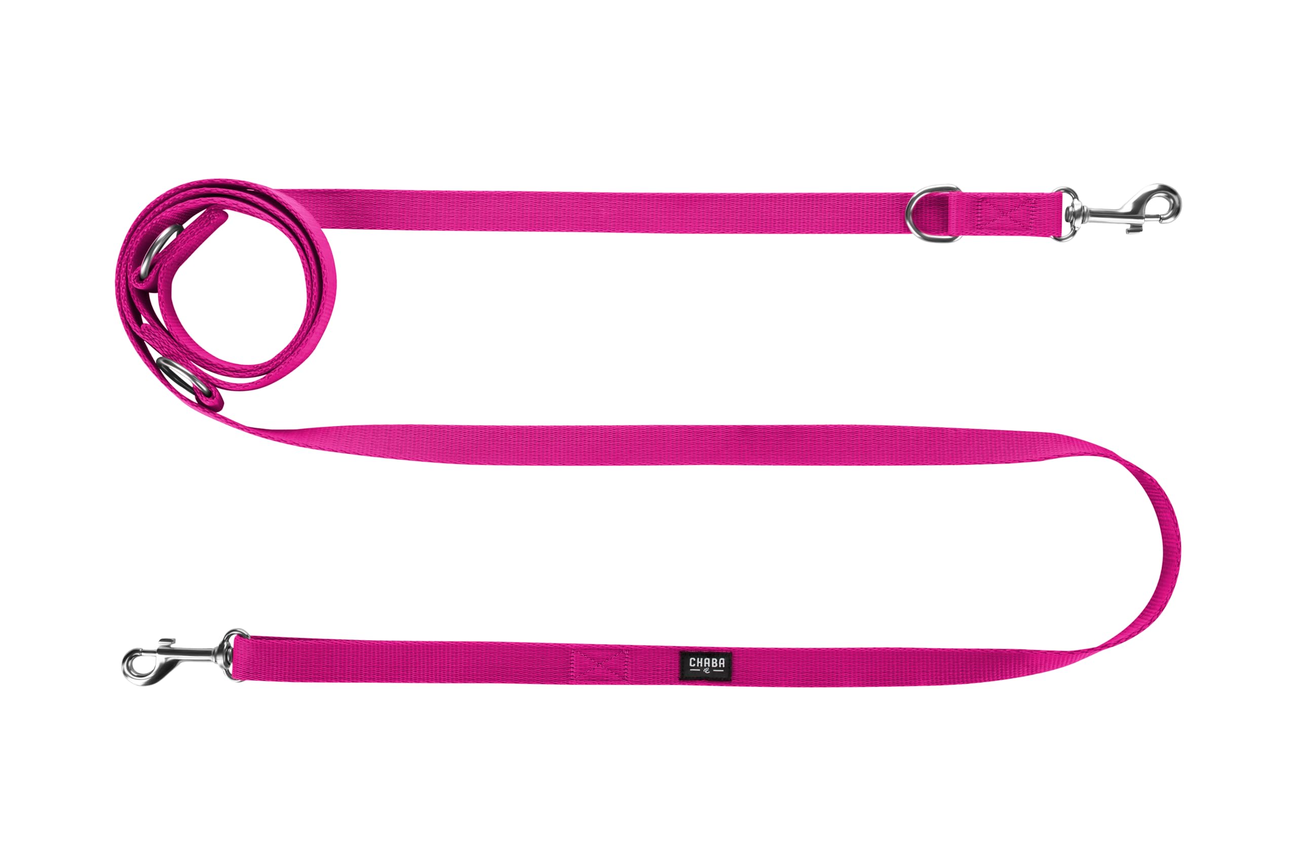 Chaba Hundeleine für Kleine Hunde mit 2 Karabinern | Spaziergang mit Zwei Hunden gleichzeitig | Verstellbar 1.35-2.6m | Breite 1 cm | 2 Tragevarianten | Leicht | Robust | Dog Leash | Fuschia, S